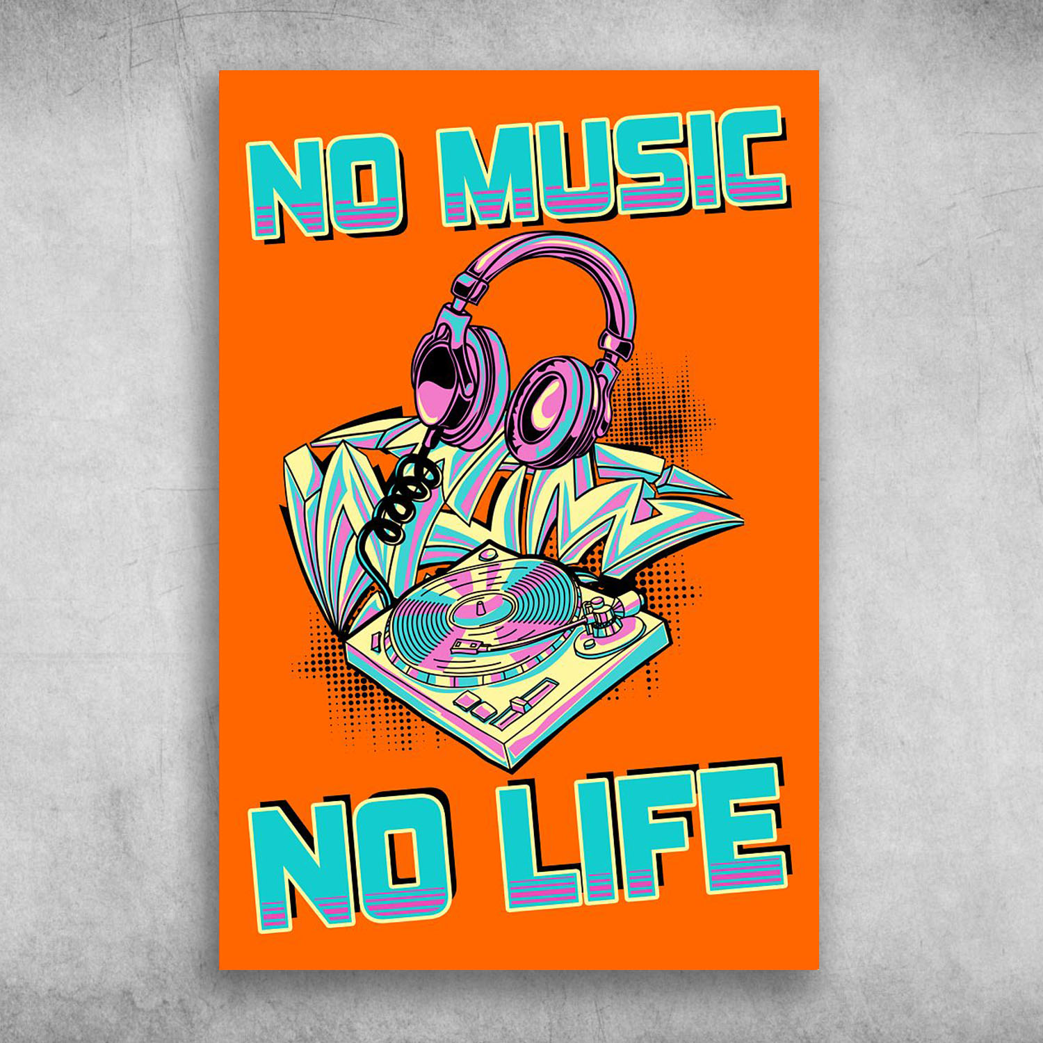 No Music No Life Funky Colorful Turntable Headphones Graffiti Arrows