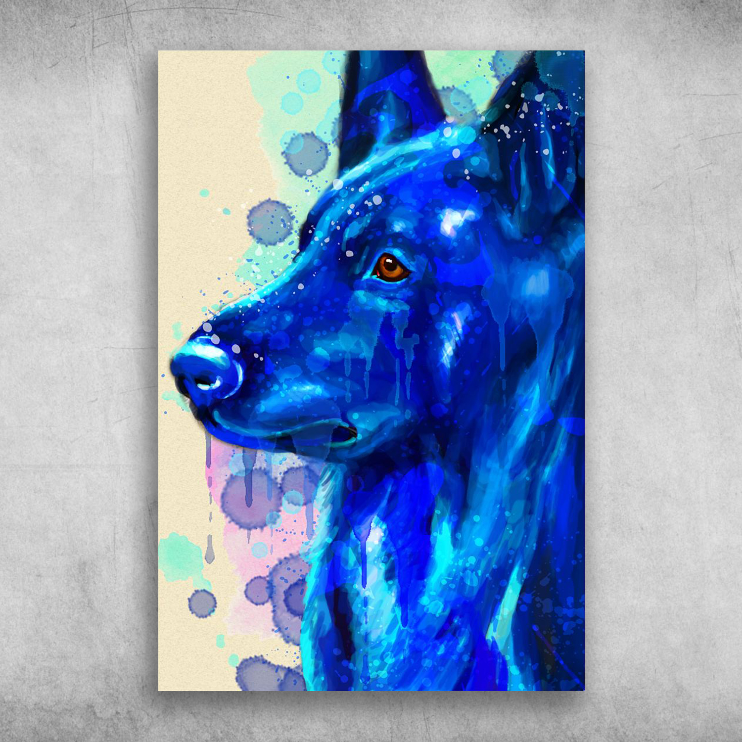 Beautiful Blue Watercolor Painting Of Old German Shepherd Dog