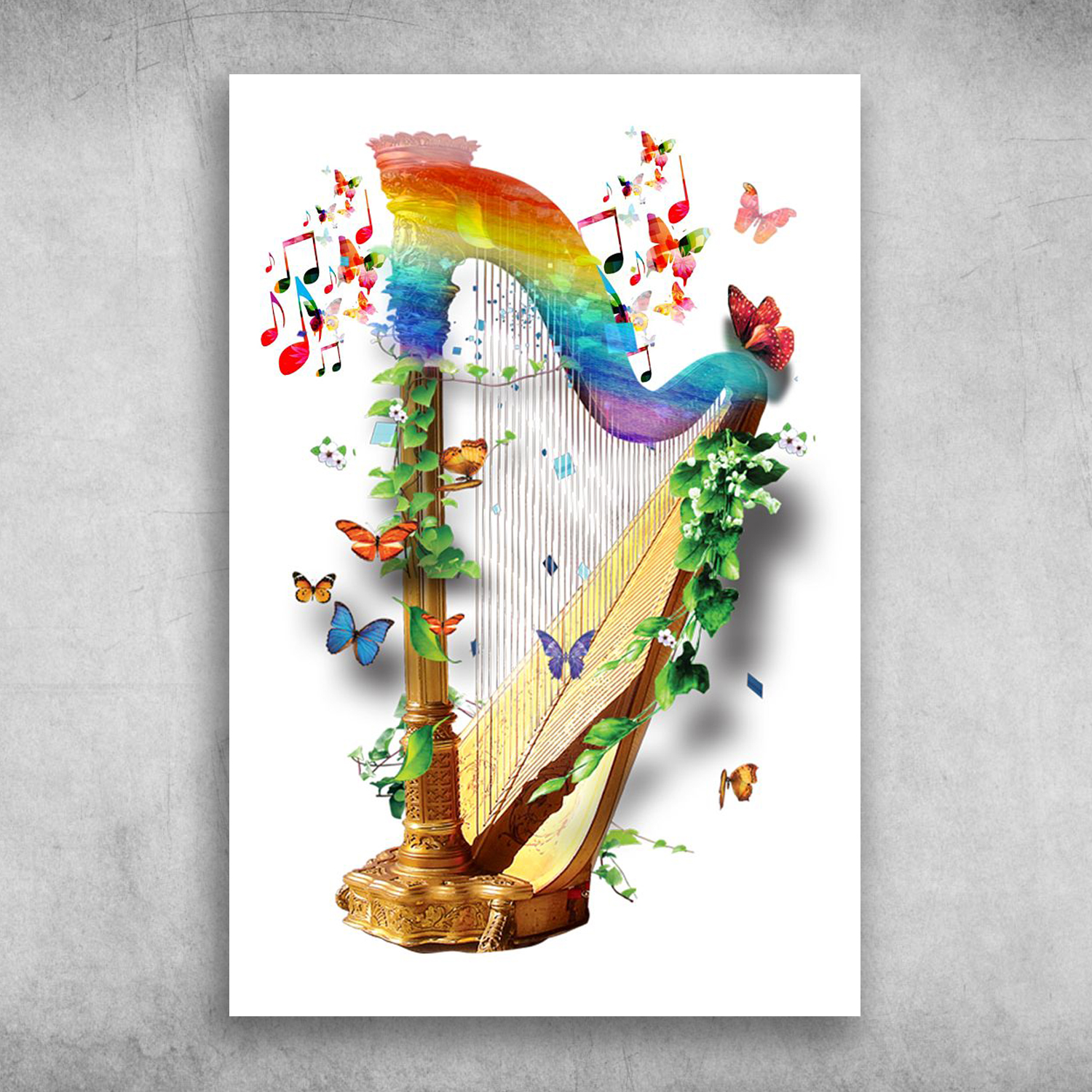 Brown Harp Musical Instrument Beautiful Butterfly And Flower
