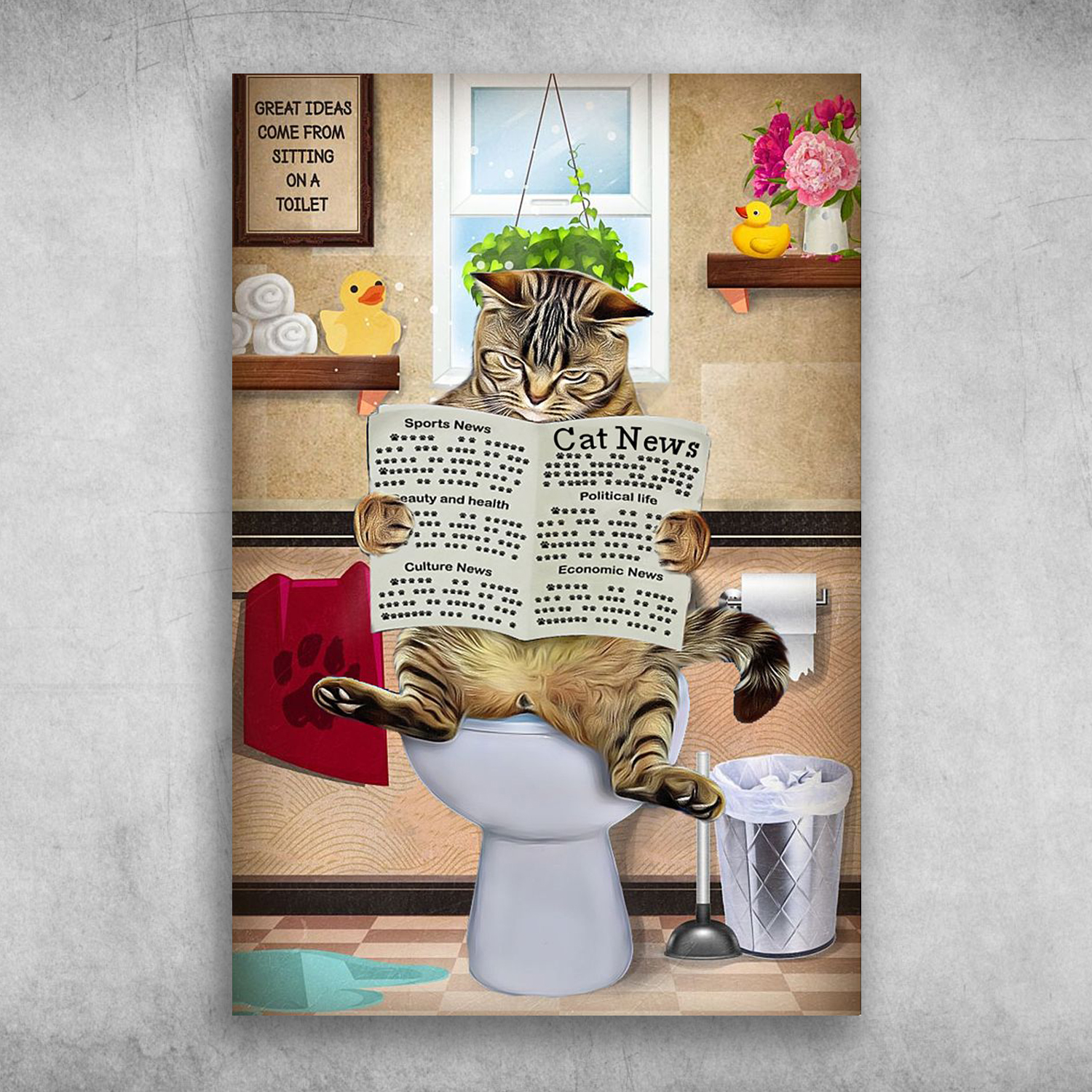 Cat Reading Newspaper On The Toilet
