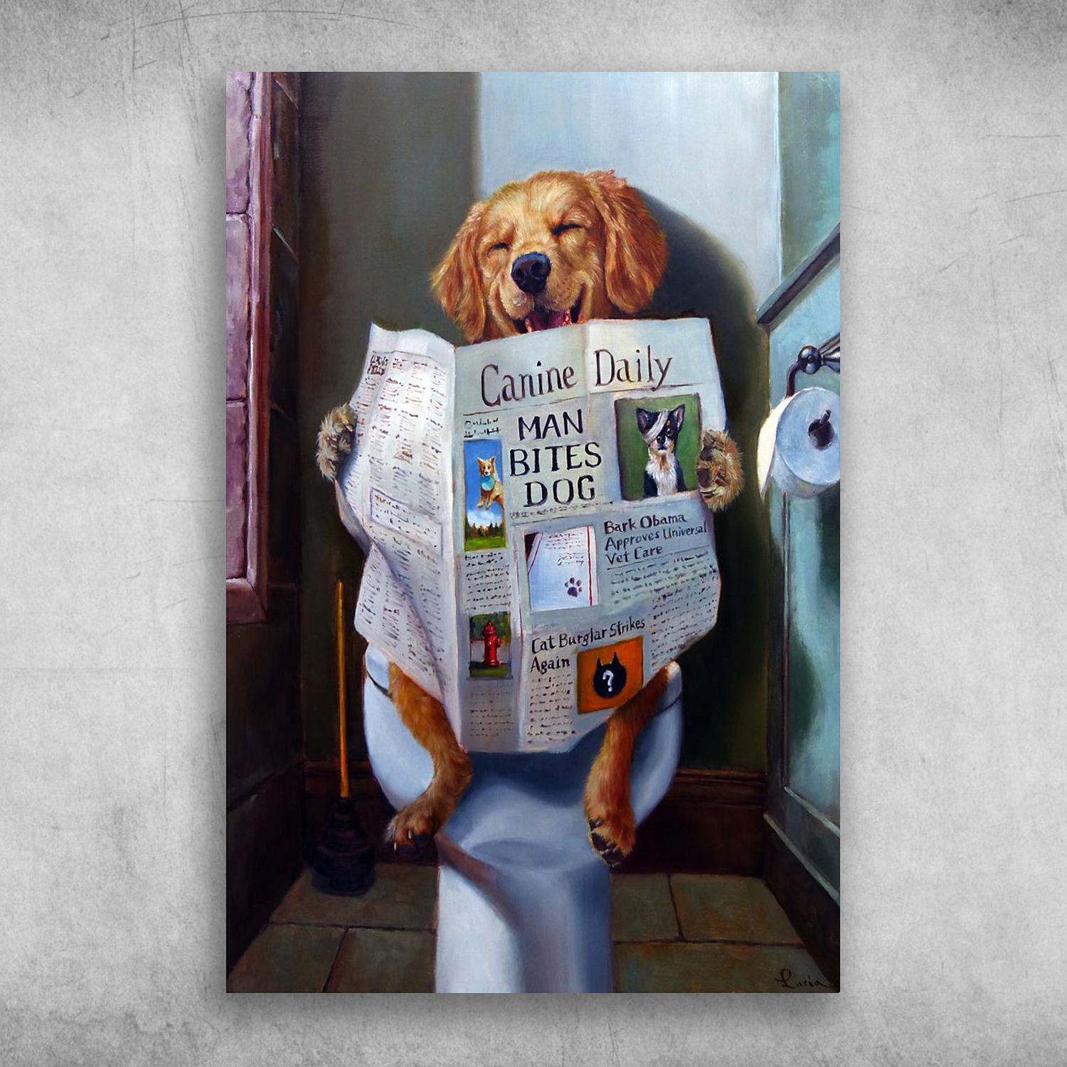 Golden Retriever Reading The Newspaper On Toilet
