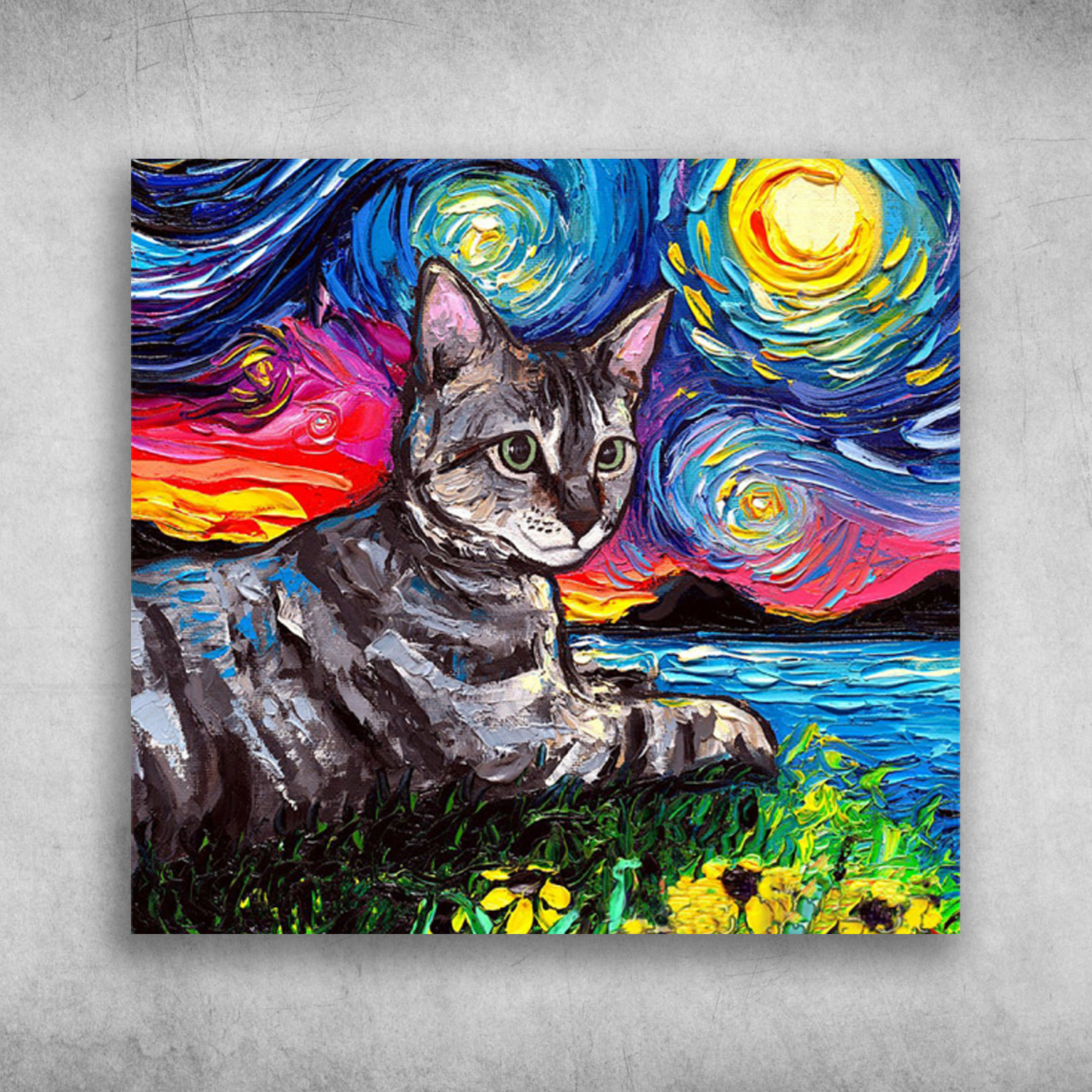 Black Cat Art Starry Night Tabby Tiger Gray Cat