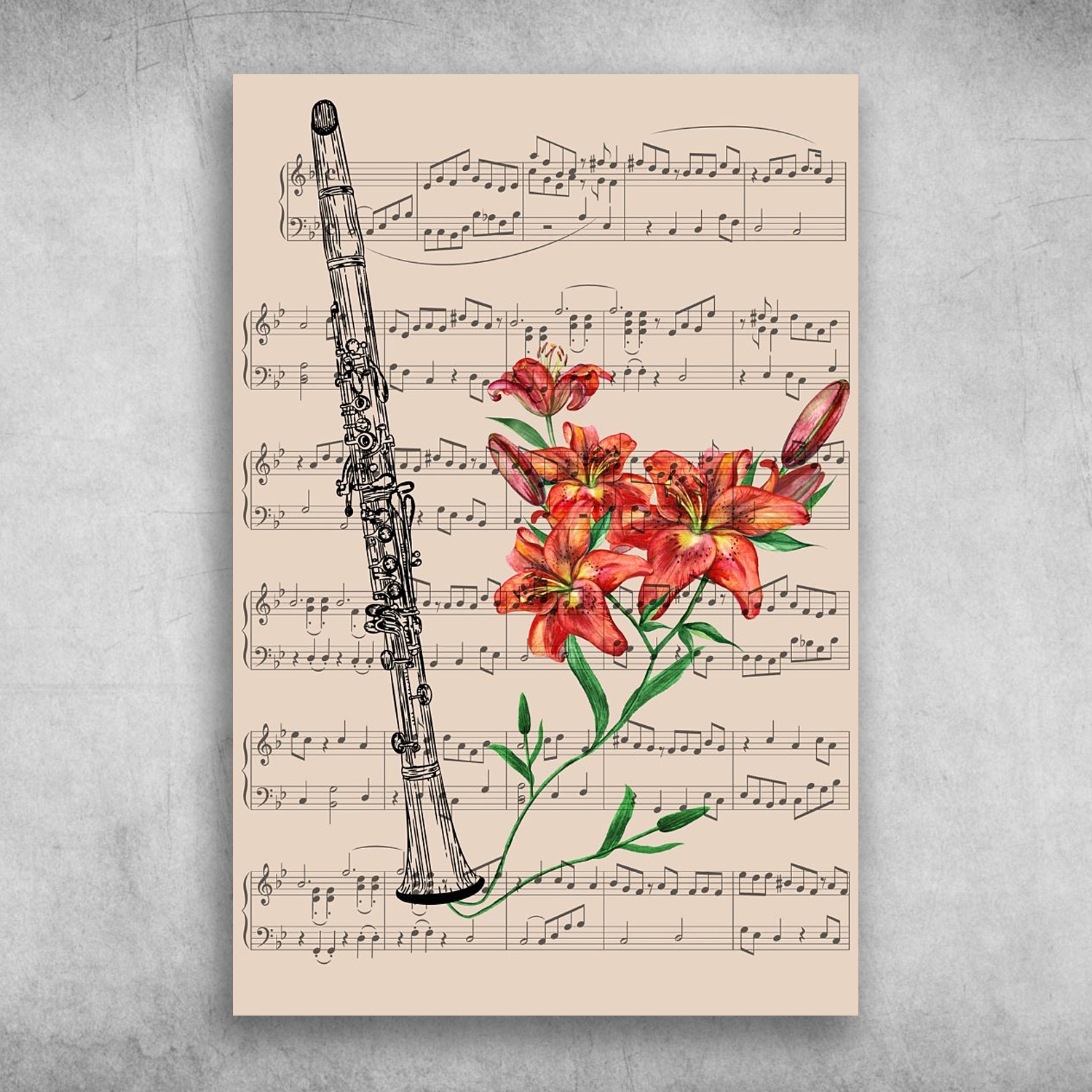Clarinet Musical Instrument Lily Flower On A Sheet Music