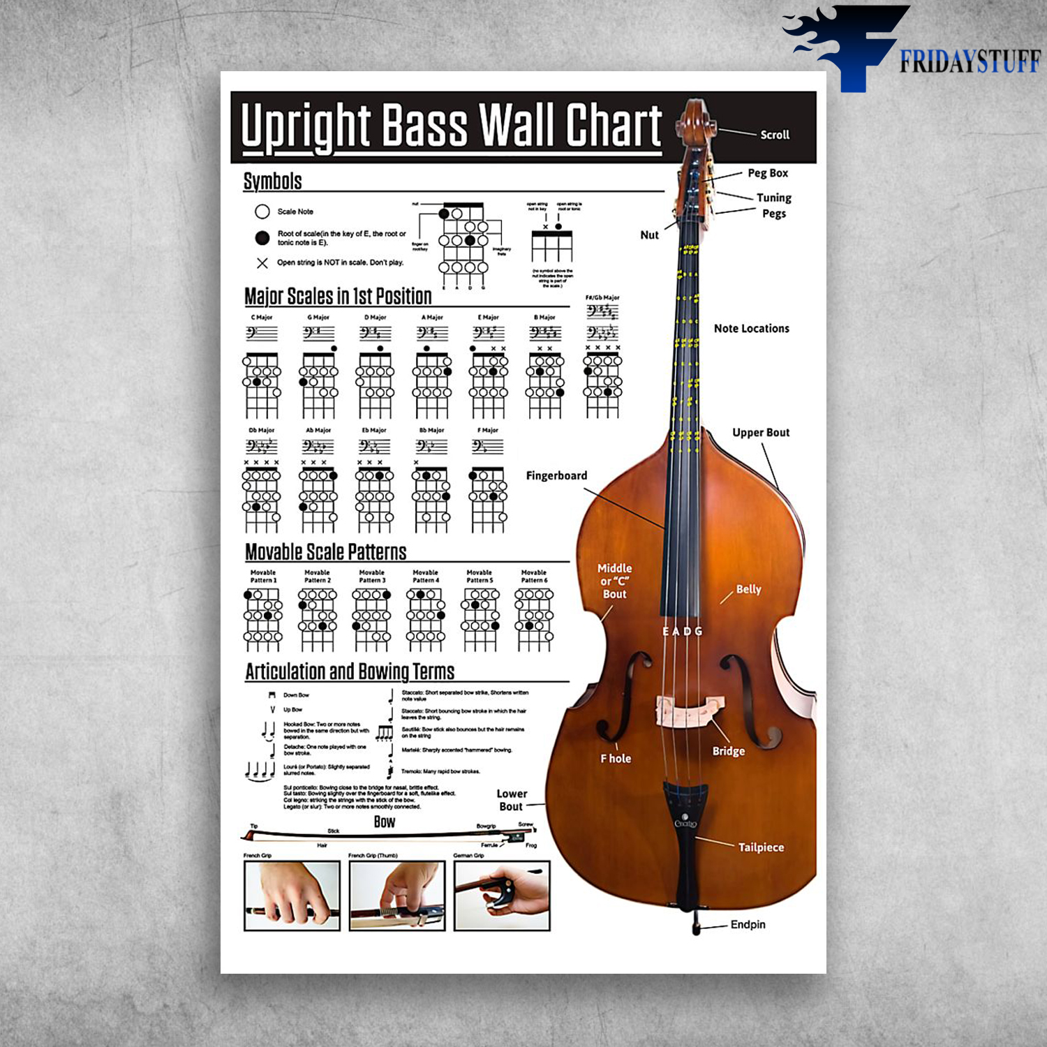 Upright Bass Wall Chart Major Scales In 1st Position