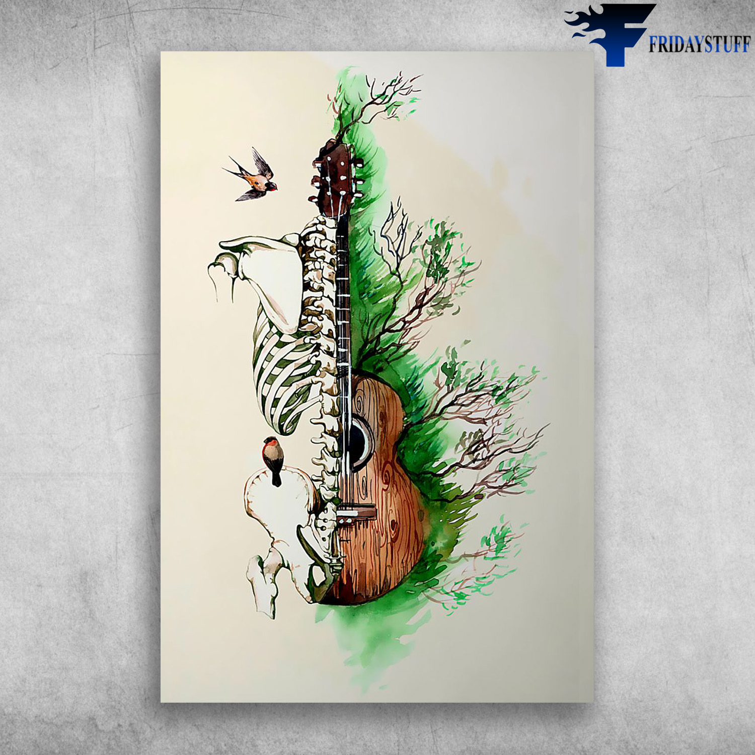 Art Guitar Instrument With Human Skeleton And Green Tree Guitarists United