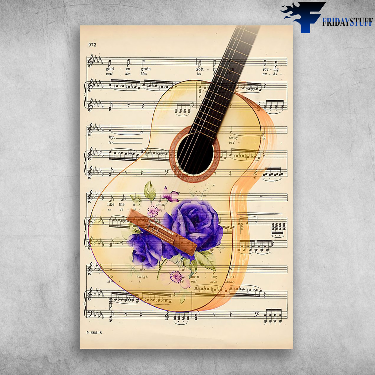 Guitar Instrument With Beautiful Purple Roses On Music Sheet