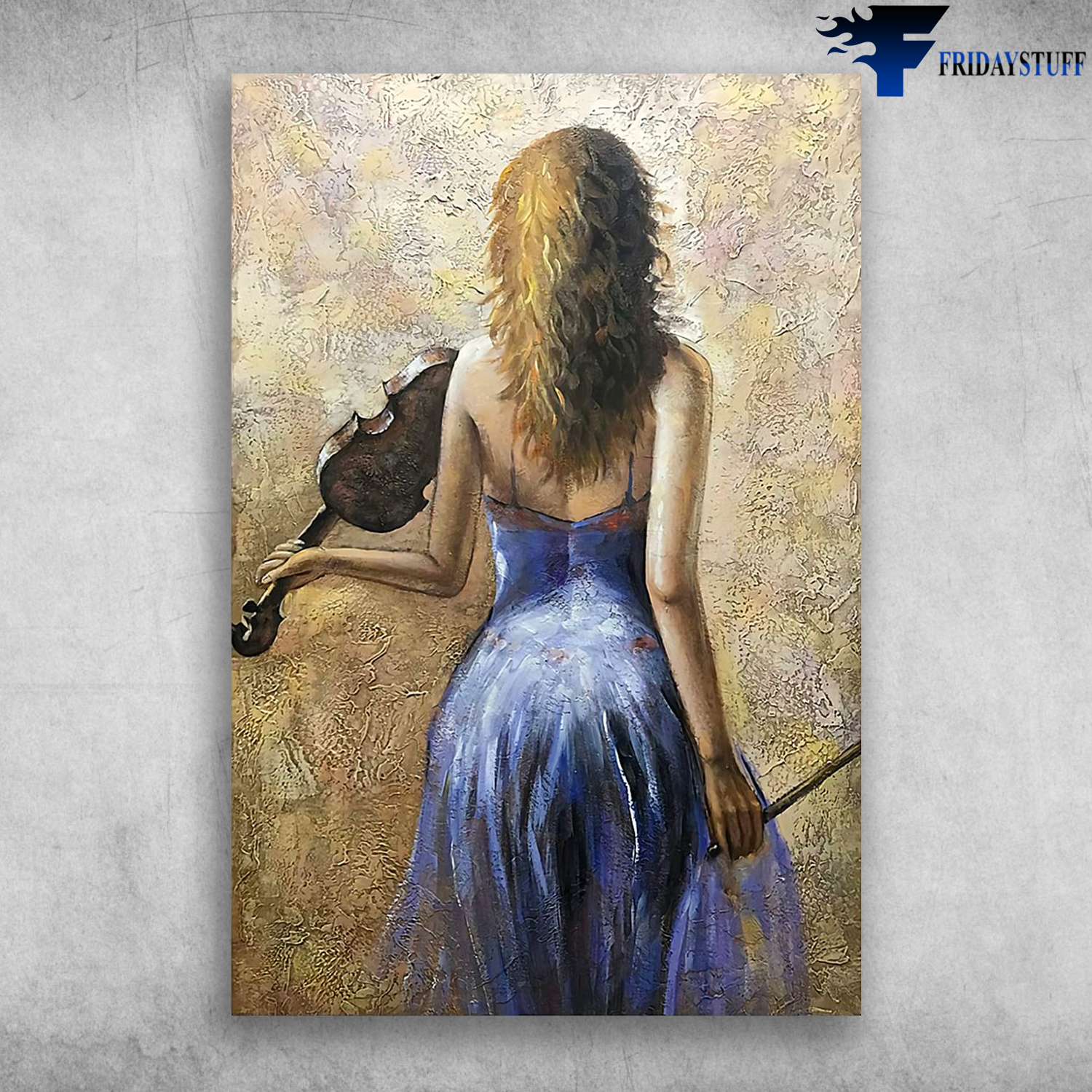 Beautiful Girl With Violin Instrument Elegant Violin Blue Dress Girl's Back Original