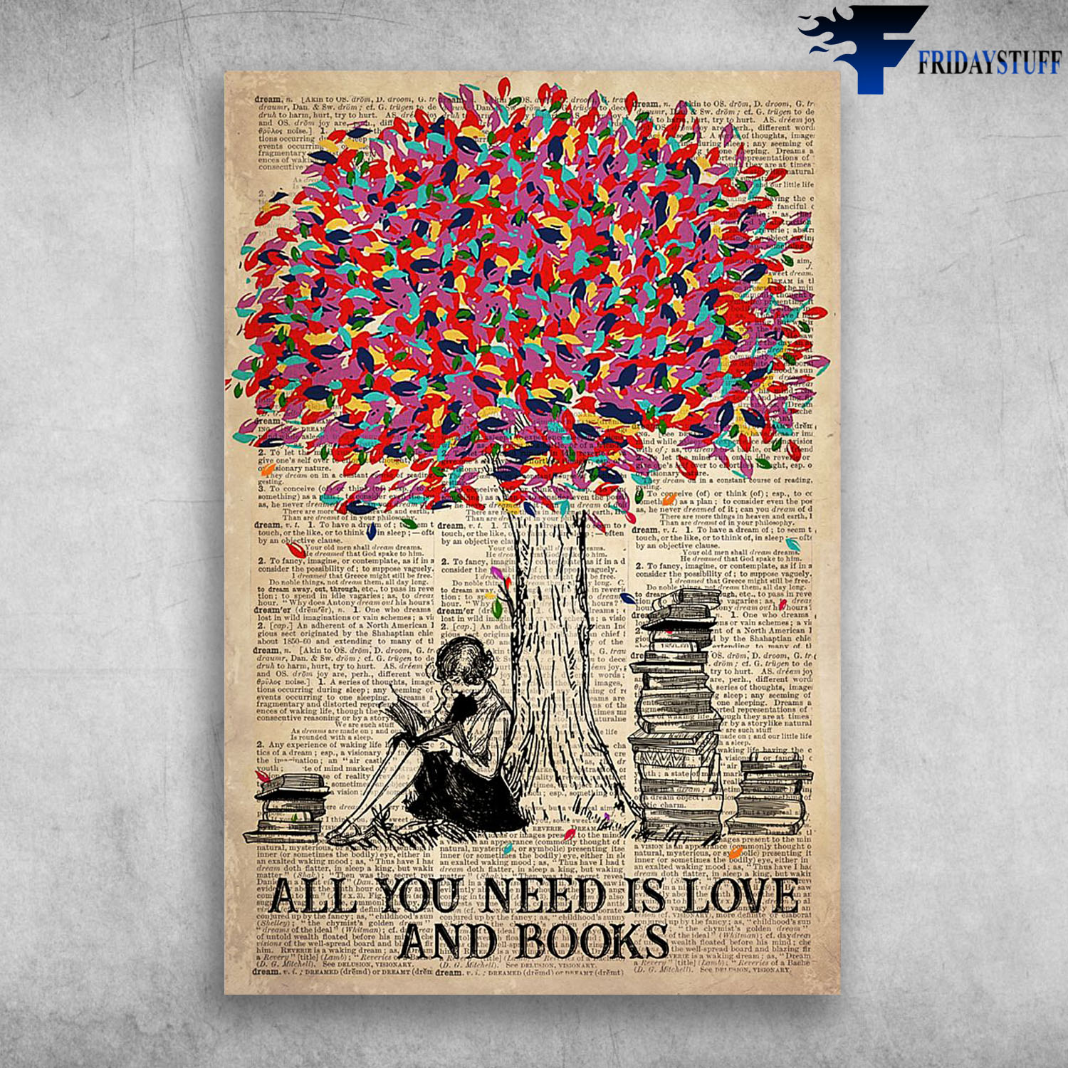 All You Need Is Love And Books Beautiful Girl Read Books Near Colorful Tree