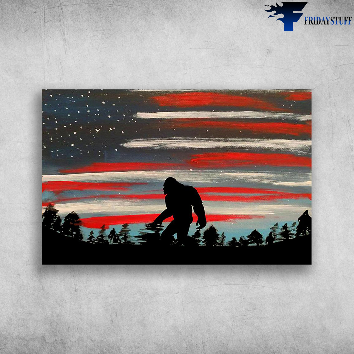 Bigfoot Walk In The Mountain American Flag With Star Night View