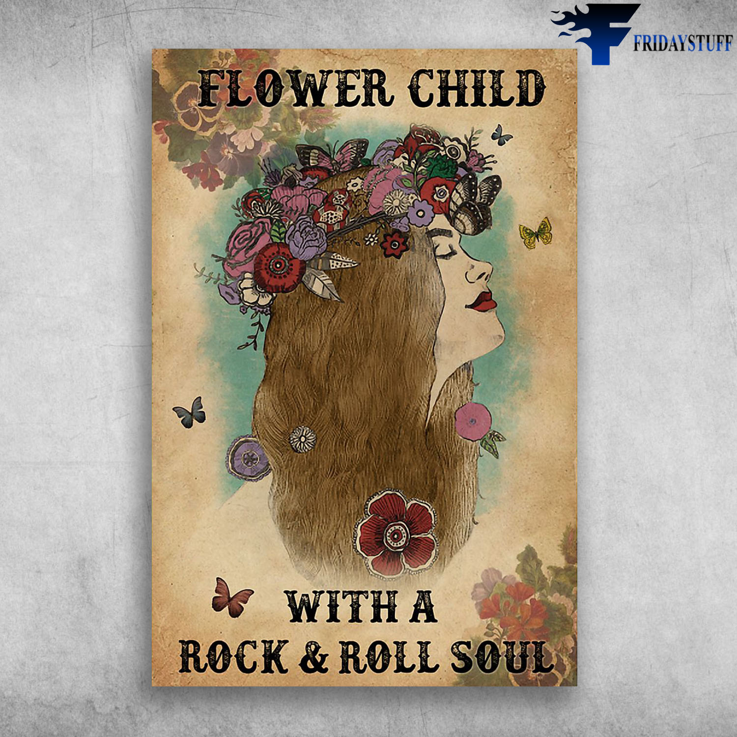 Flower Child With A Rock And Roll Soul Beautiful Girl Wear Colorful Wreath