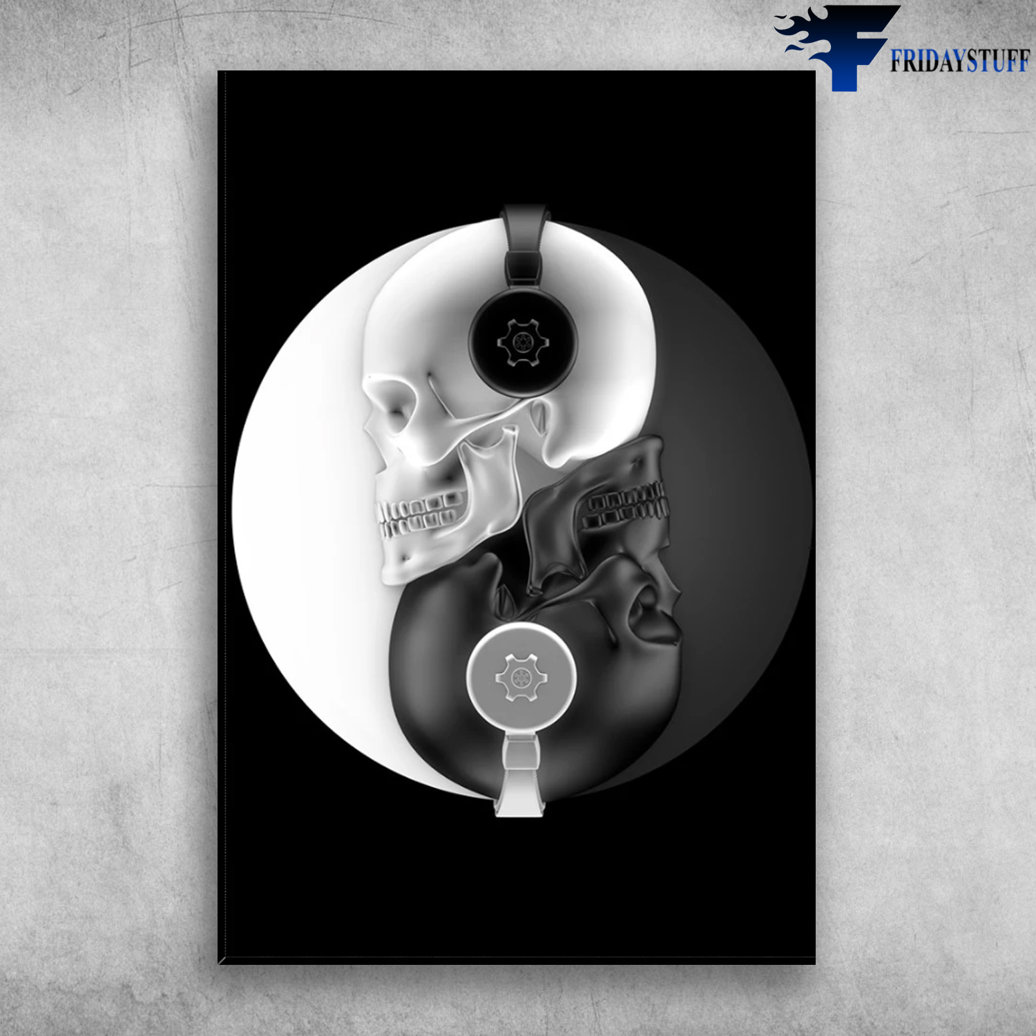 Skull Listen To Music With Headphone Yin Yang Black And White