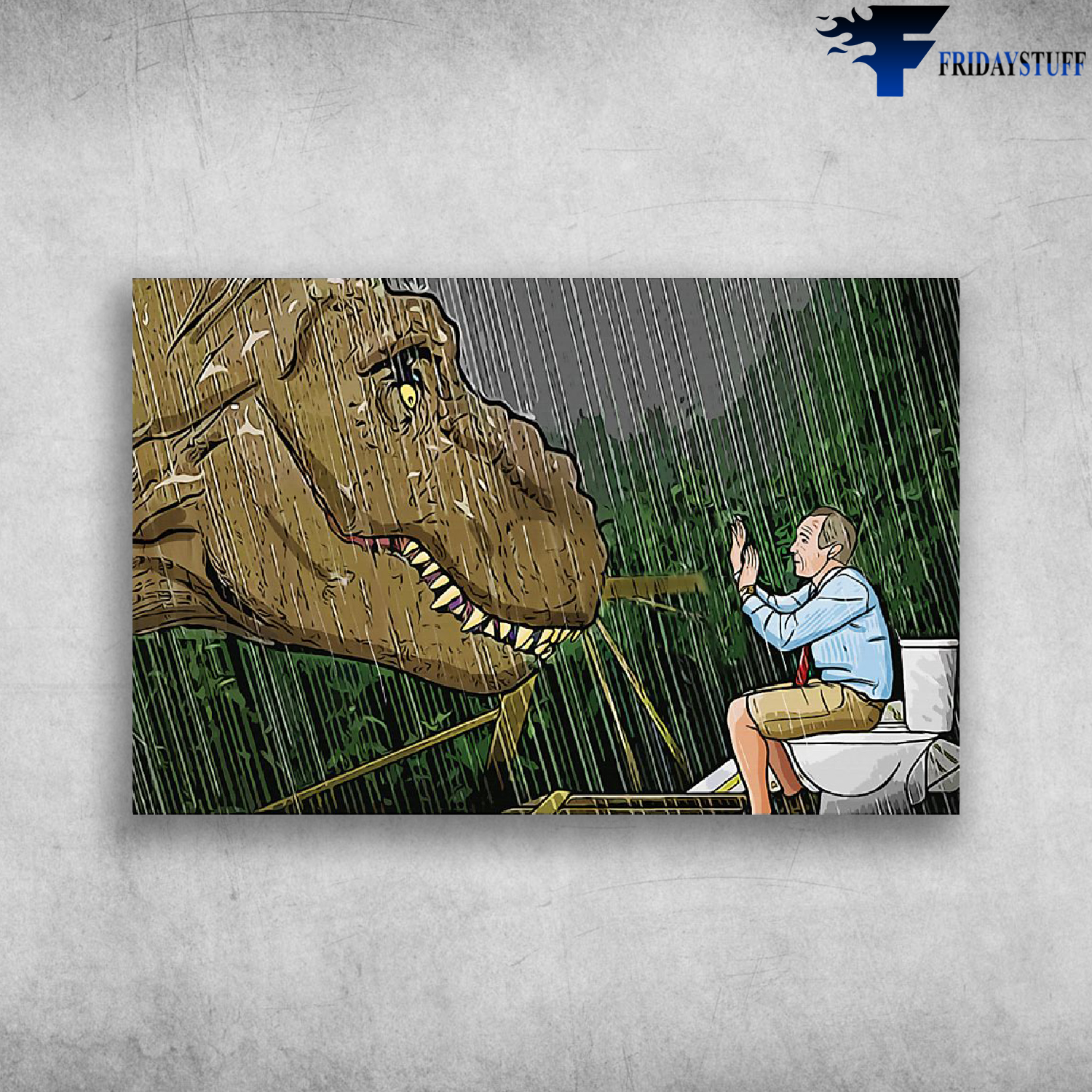 dinosaur T-rex Look at The Man is sitting in the toilet out it's raining outside