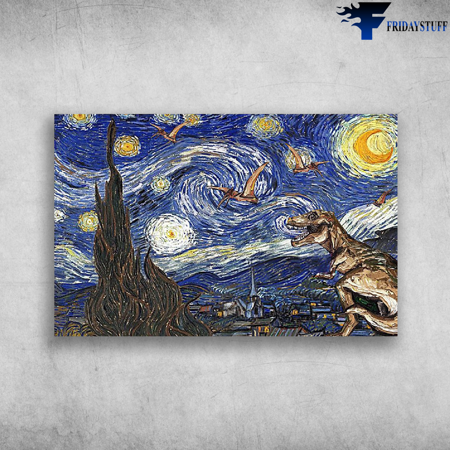 Starry Night With Dinosaurs Style Vicent Van Gogh