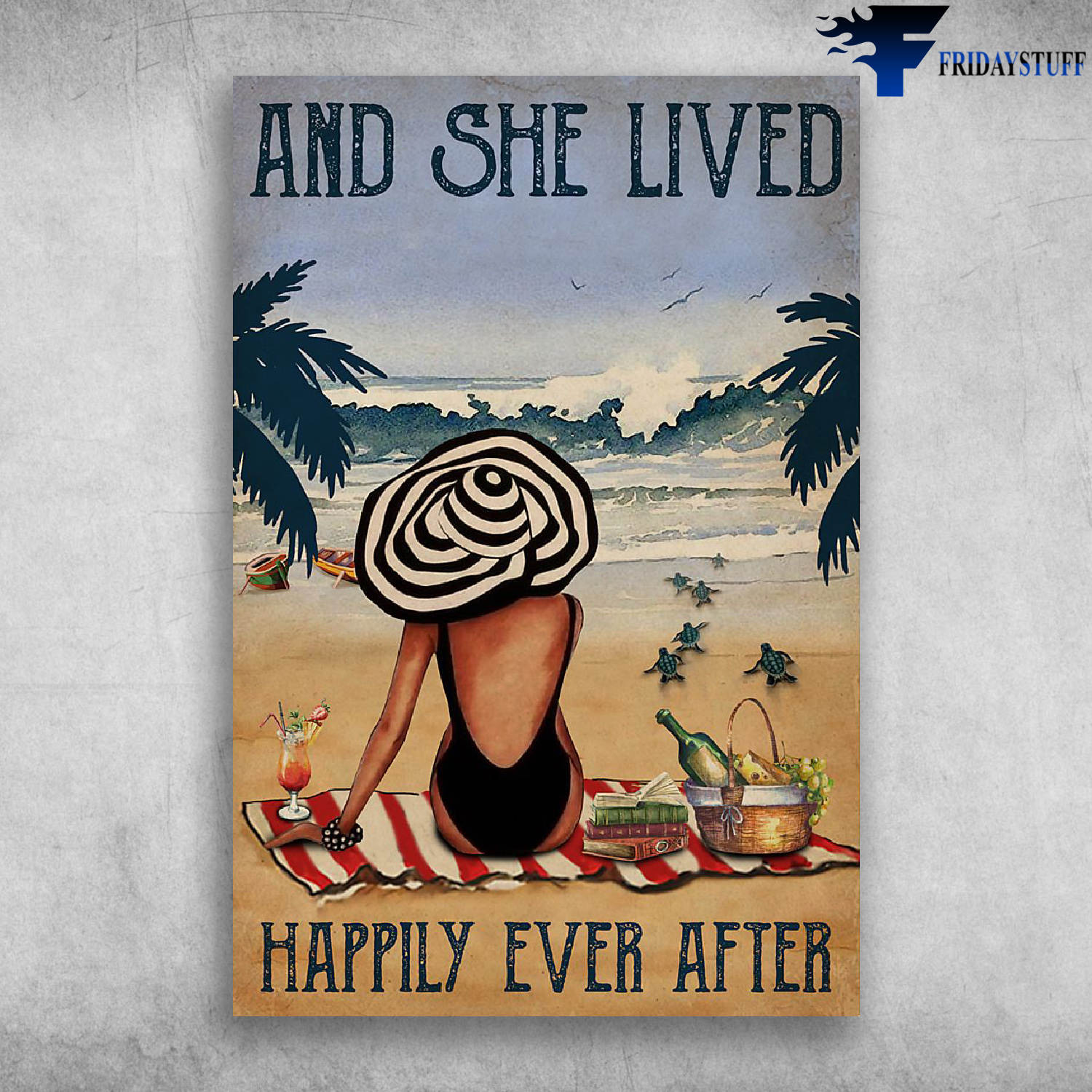 And She Lived Happily Ever After - Girl And Beach, Wine, Book