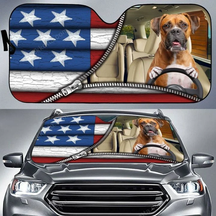 Funny Boxer Dog And American Flag Driving Car