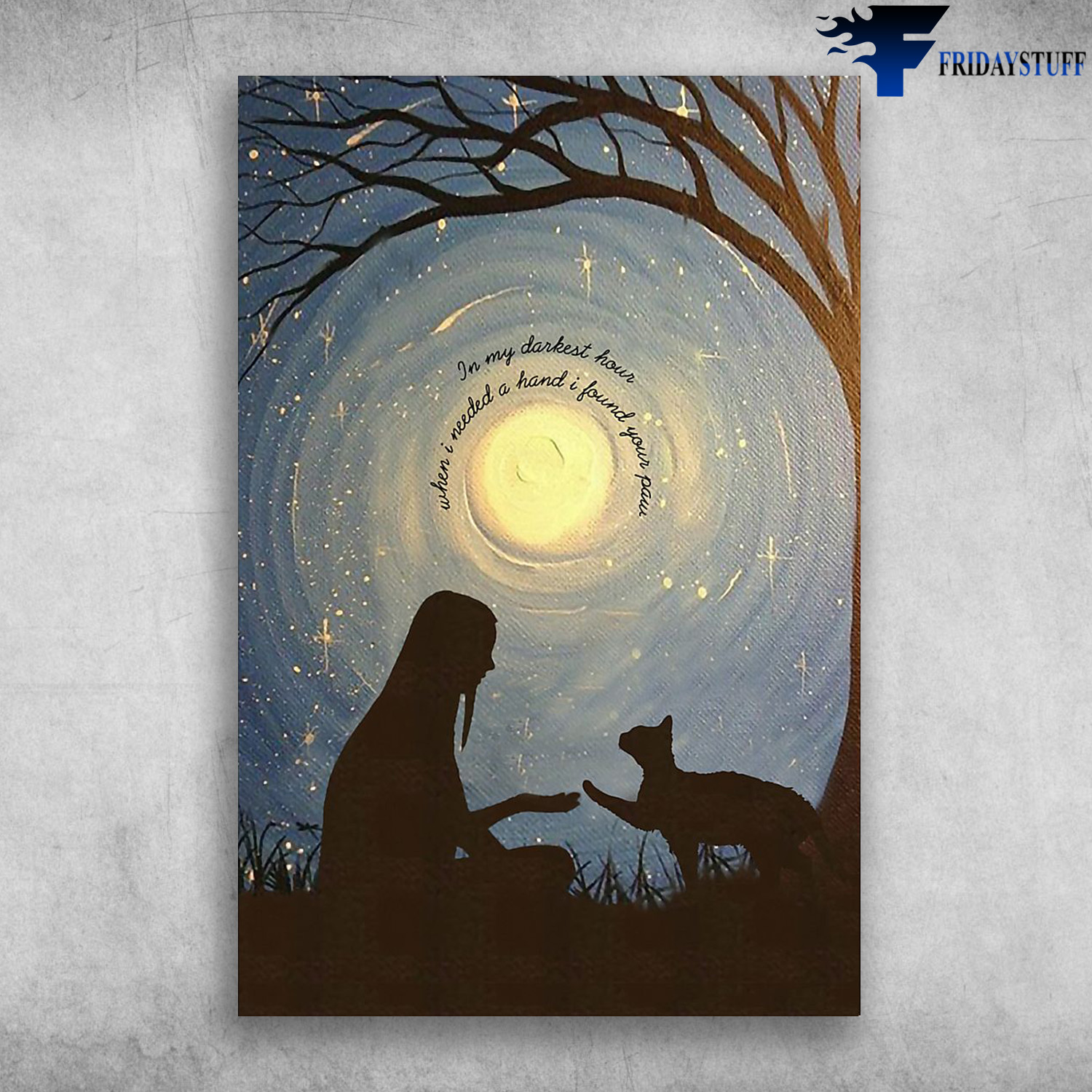 Girl And Cat Below The Moon Light - In My Darkest Hour, When I Needed A Hand I Found Your Paw