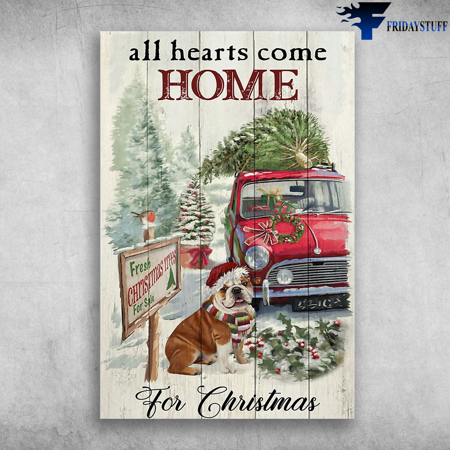 Christmas Trees on a Red Car Truck And A Dog - All Hearts Come Home For Christmas