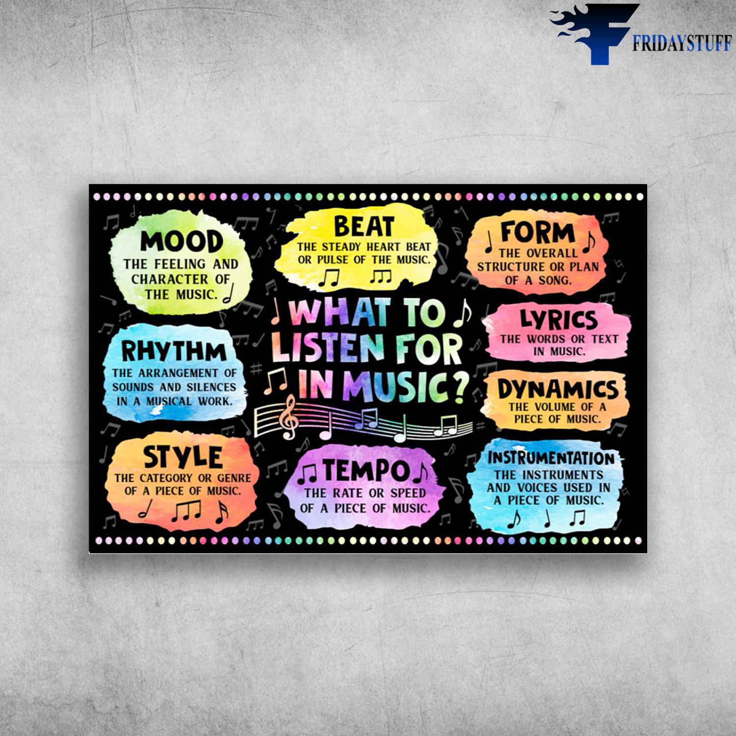 Knowledge About Music - What To Listen For In Music, Mood The Feeling And Character Of The Music, Beat The Sready Heart Beat, Form The Overall Structure, Lyrics The Words Or Text In Music, Rhythm, Style, Tempo, Instrumentation