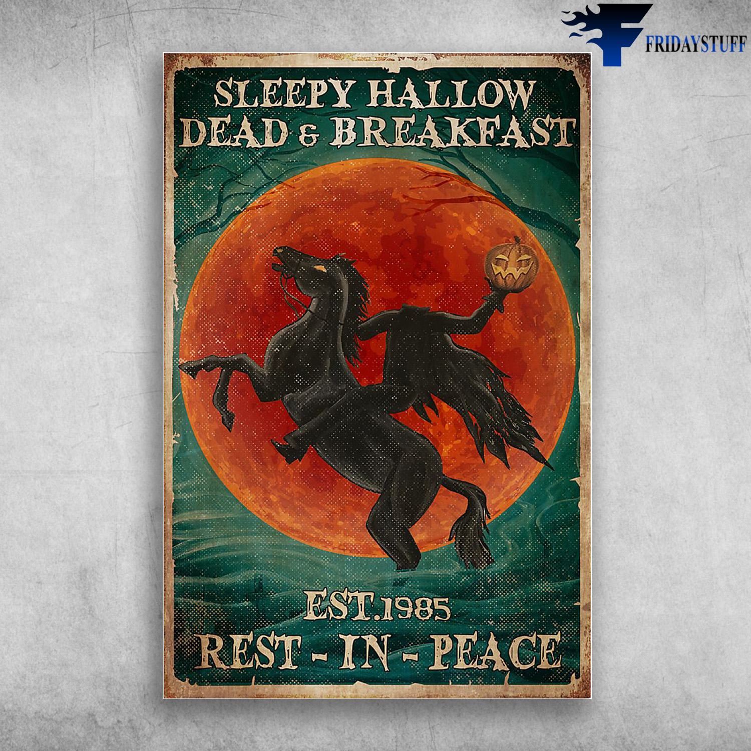 Pumpkin Man On Black Horse - Sleepy Hallow Dead And Breakfast, Est.1985, Rest-In-Peace