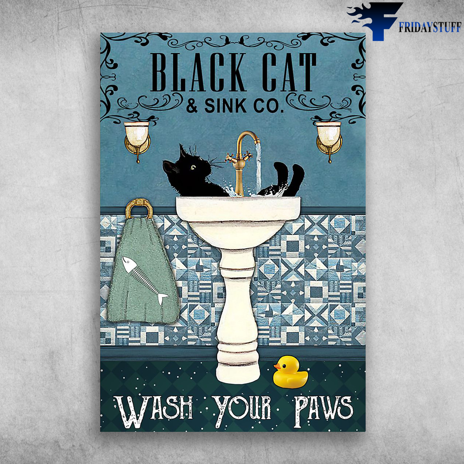 Black Cat In Bathroom - Black Cat And Sink Co., Wash Your Paws