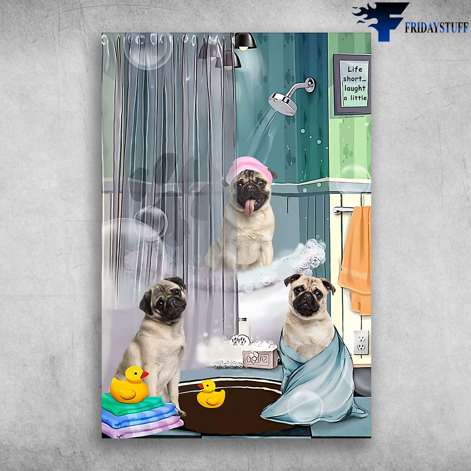 Pug Shower - Three Pugs In The Bathroom