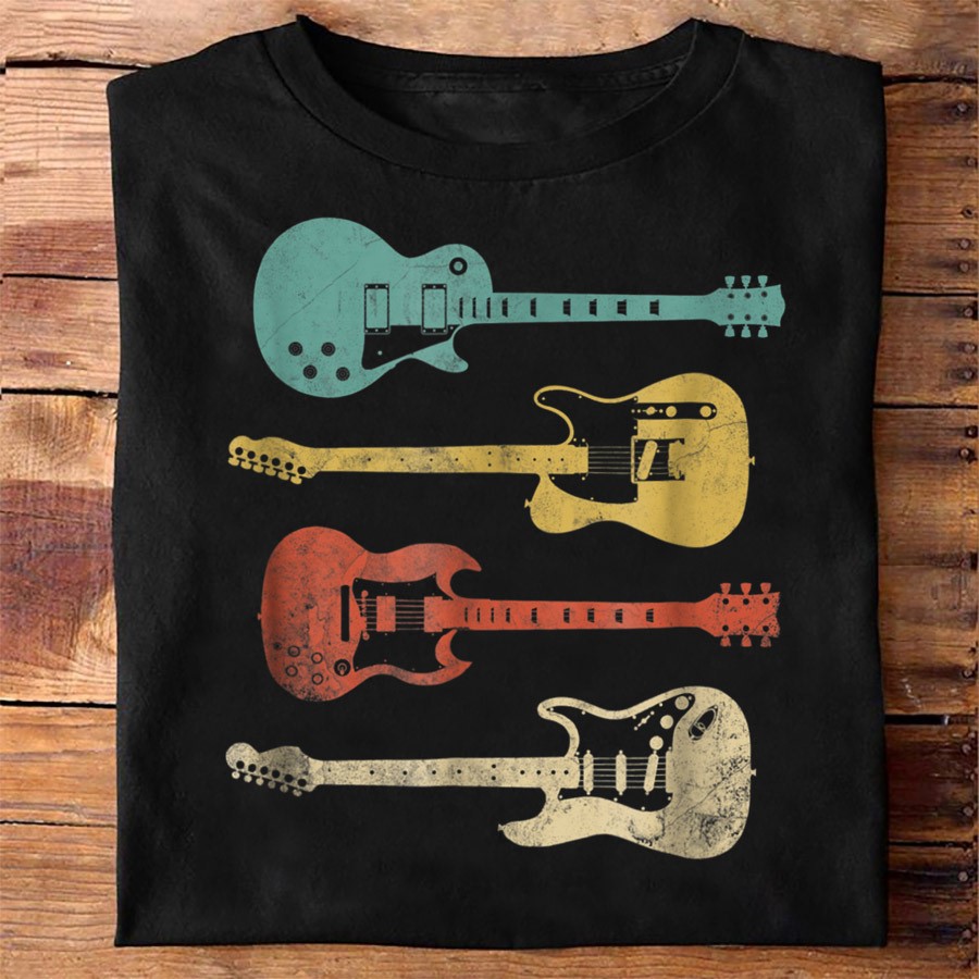 Four electric guitars with four different colours