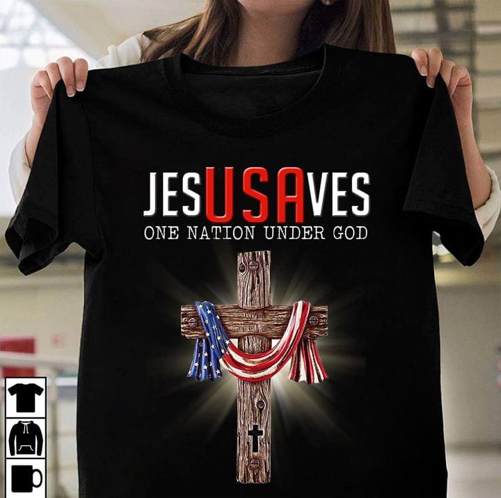 Jesusaves one nation under god- USA Flag in the Cross