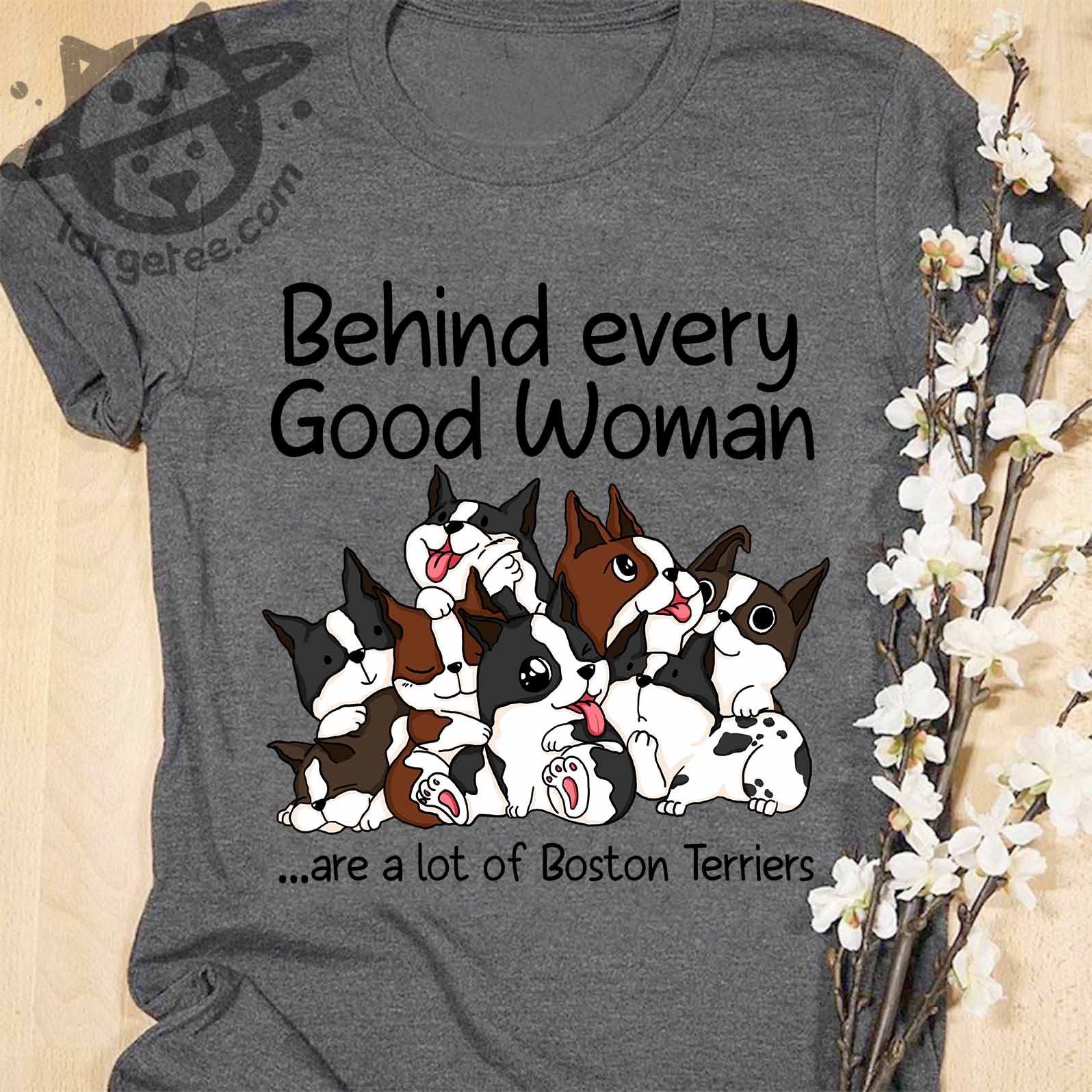 Behind every good woman are a lot of Boston Terriers