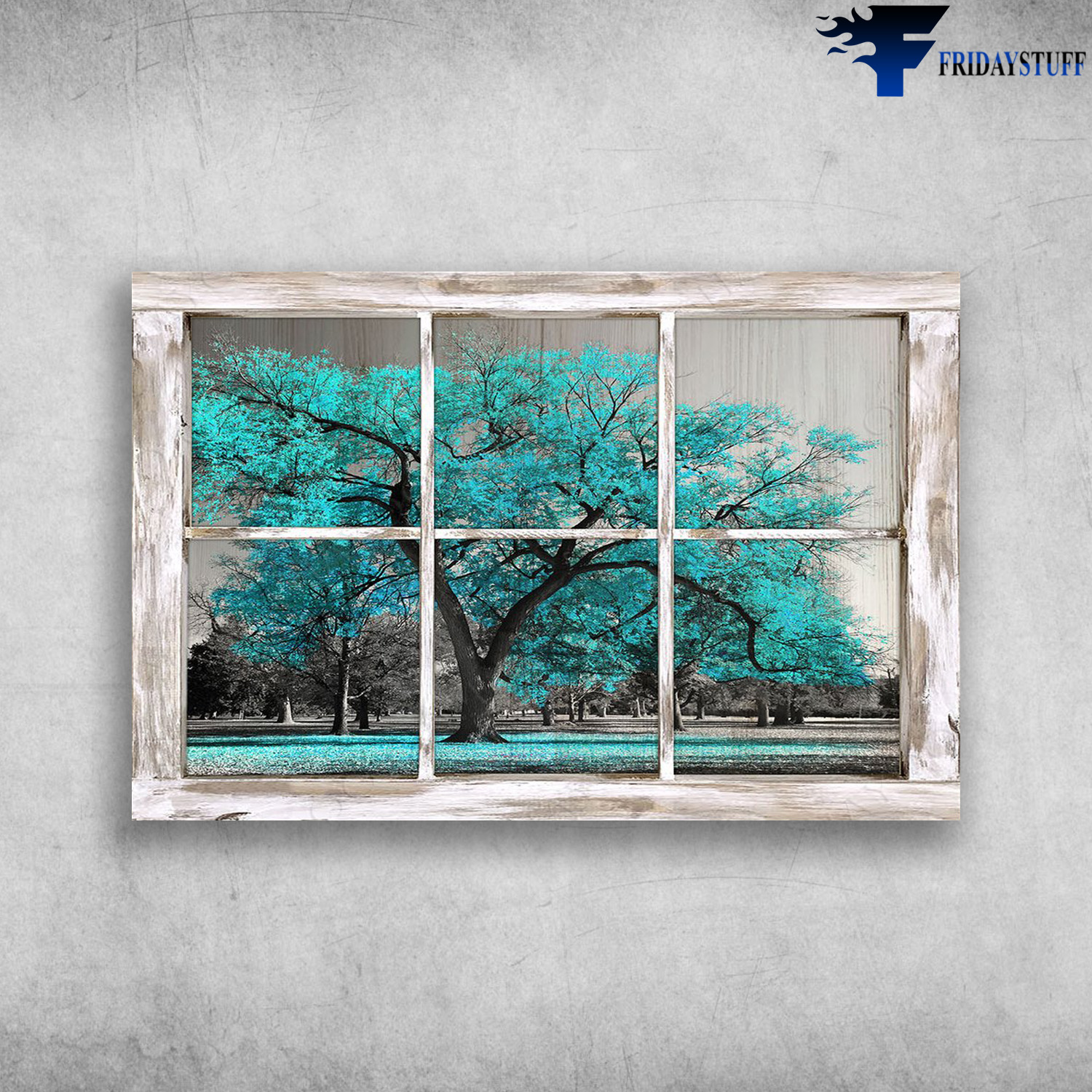 Hayooo Gorgeouse Rustic Window With Blue Tree Canvas Wall Art For Farmhouse Decor