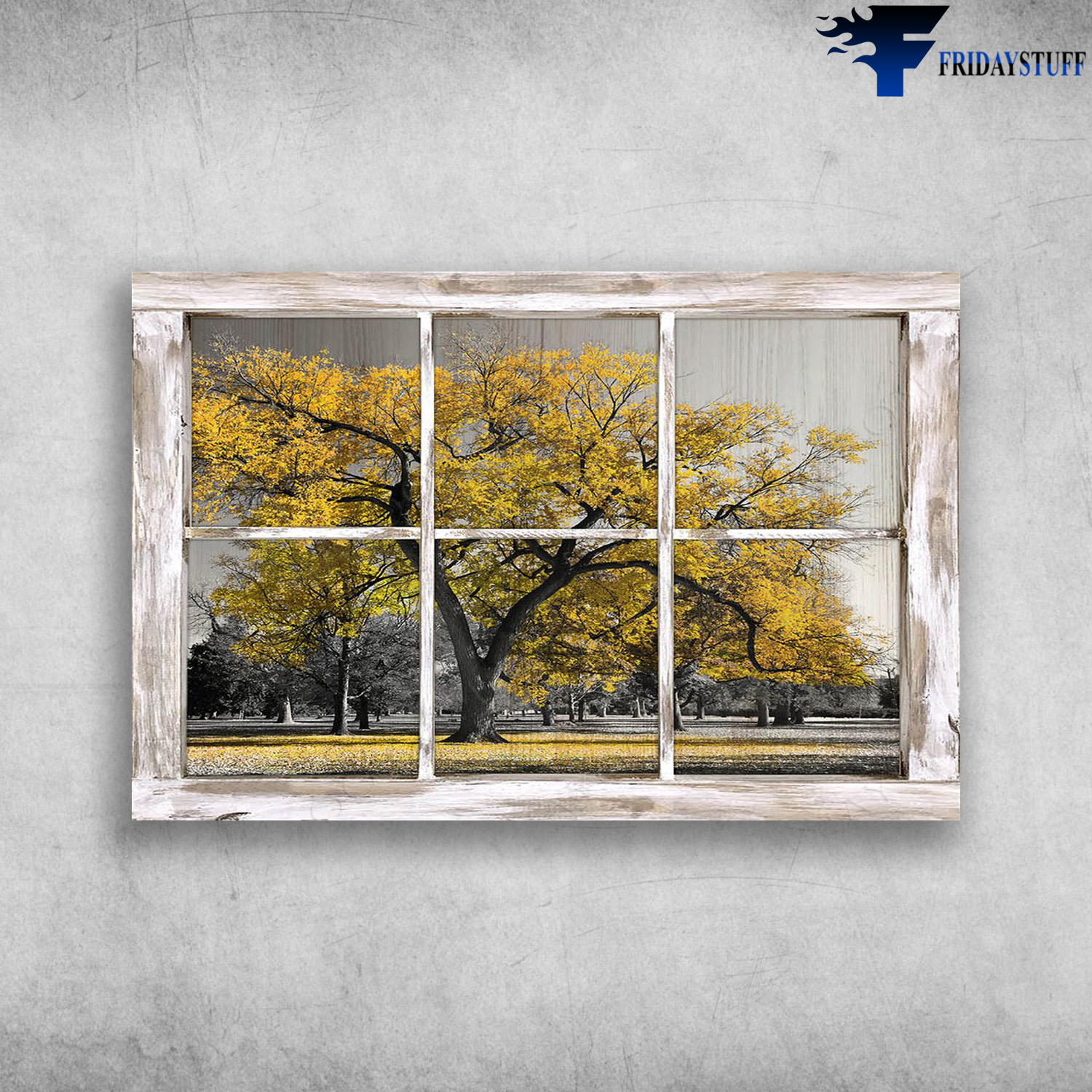 Hayooo Gorgeouse Rustic Window With Yellow Tree Canvas Wall Art For Farmhouse Decor