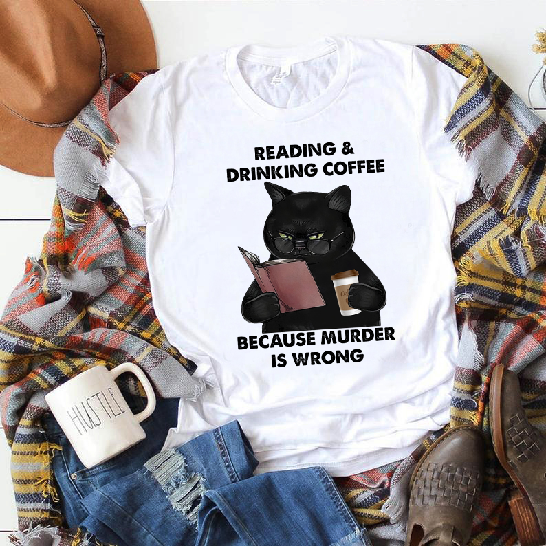 Reading and drink coffee because murder is wrong - black cat