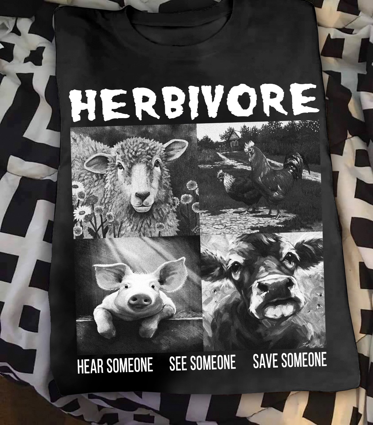 Herbivore hear someone, see someone, see someone - Sheep, cow, pig and chicken