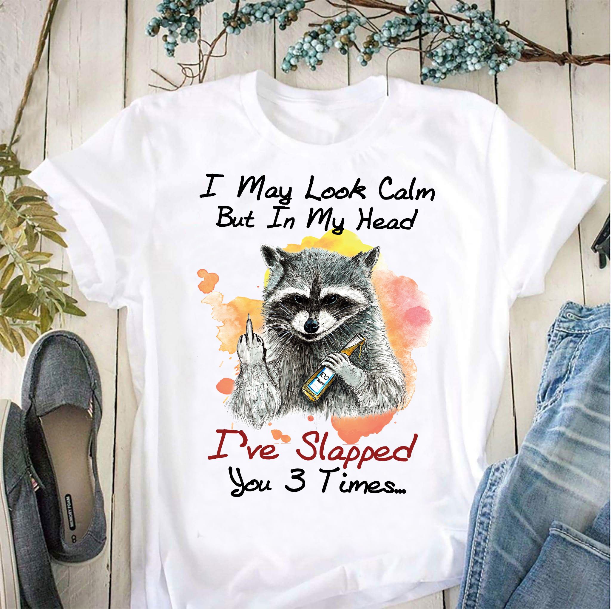 I may look calm but in my head I've slapped you 3 times - Racoon and beer