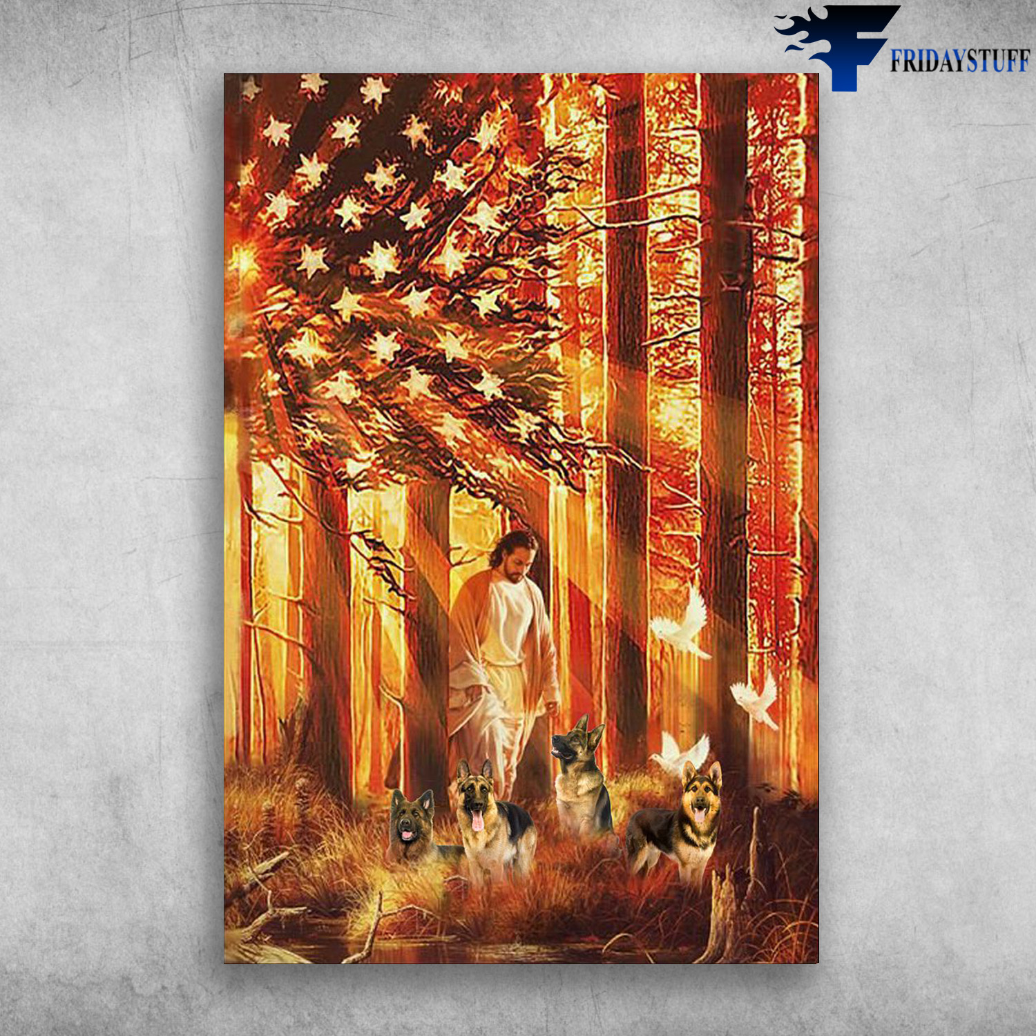 Jesus walking with German Shepherds - dog lover, American flag