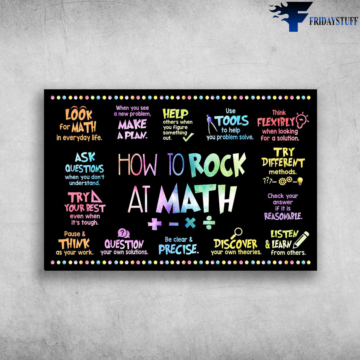 Math Poster - How To Rock At Math, Look For Math In Everyday Life, When You See A New Problem, Make A Plan, Hepl Pthers When You Figure Something Out, Use Tools To Help You Problem Solve, Think Flexibly When Looking For A Solution