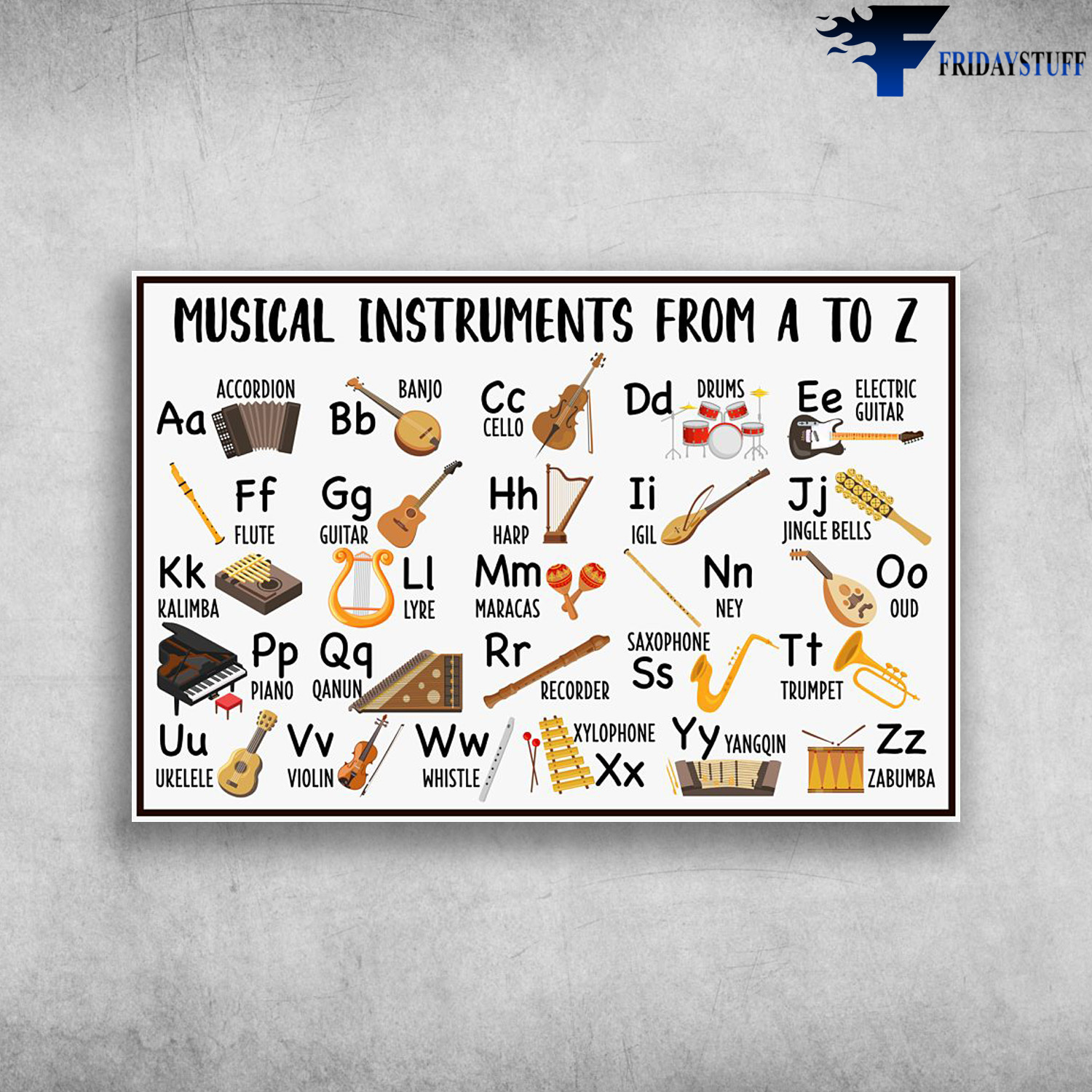 Musical Instruments From A To Z - Accordion, Manjo, Cello, Drums, Electric Guitar, Flute, Guitar, Harp, Igil, Jingle Bells