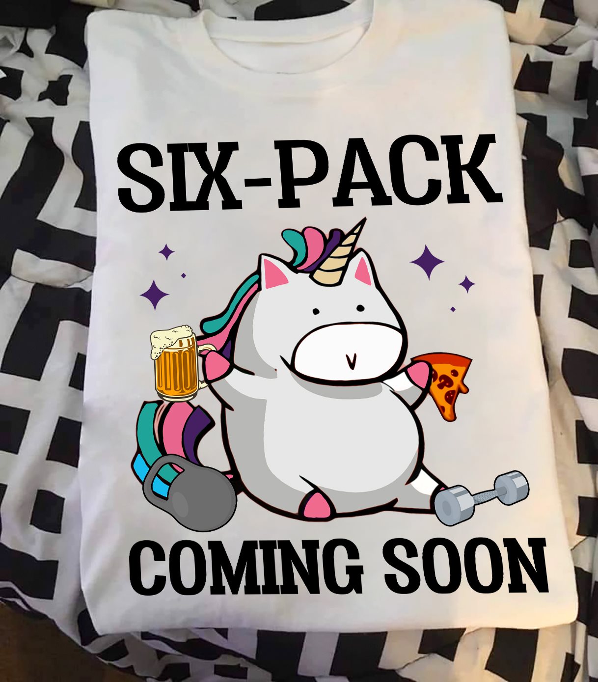 Six-pack coming soon - Fat unicorn with beer and pizza