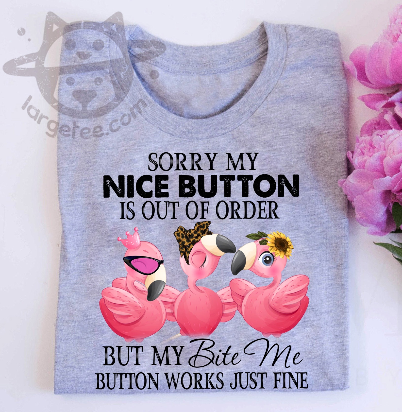 Sorry my nice button is out of order but my bite me button works just fine - Flamingo
