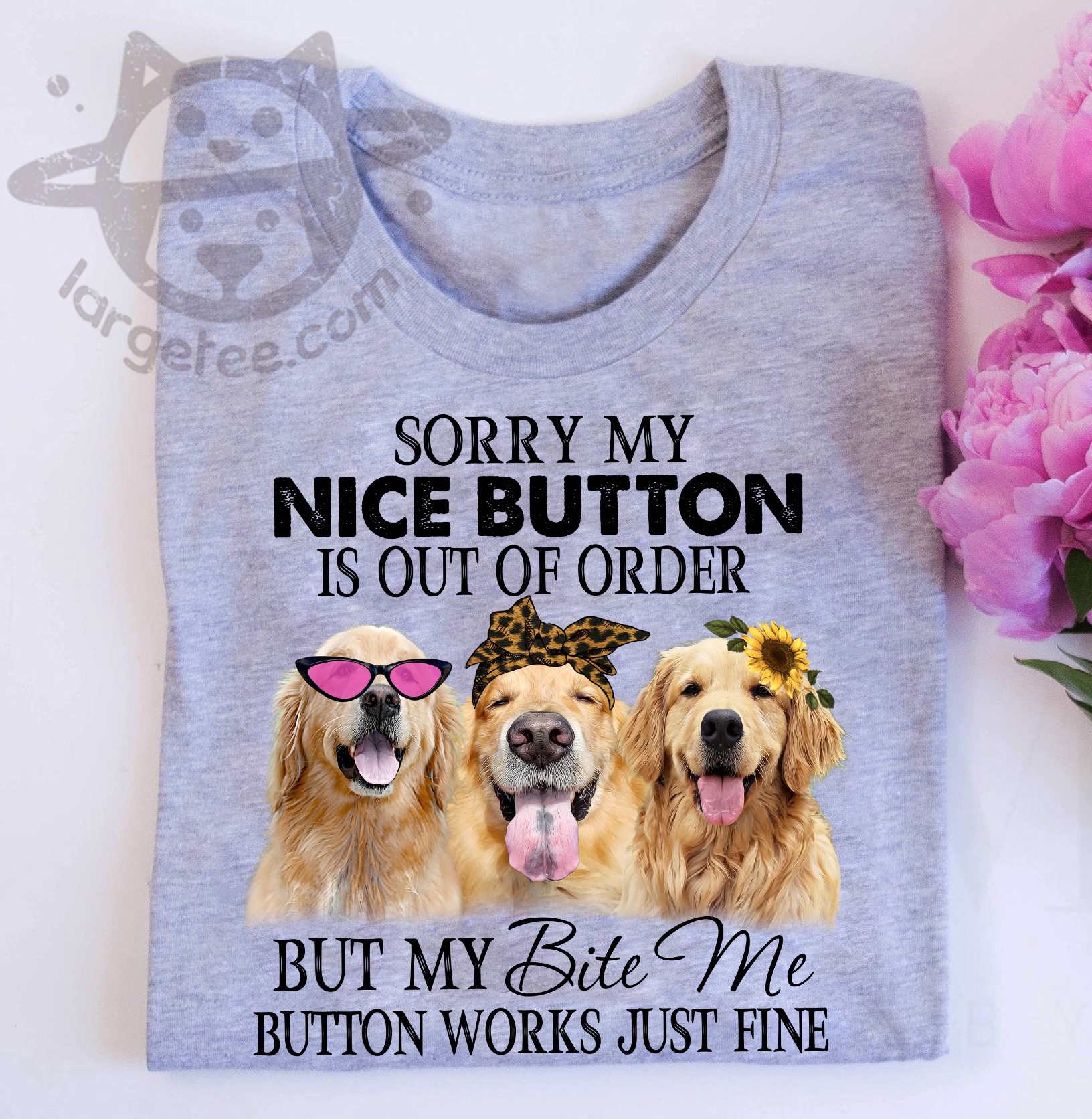 Sorry my nice button is out of order but my bite me button works just fine - Golden dog