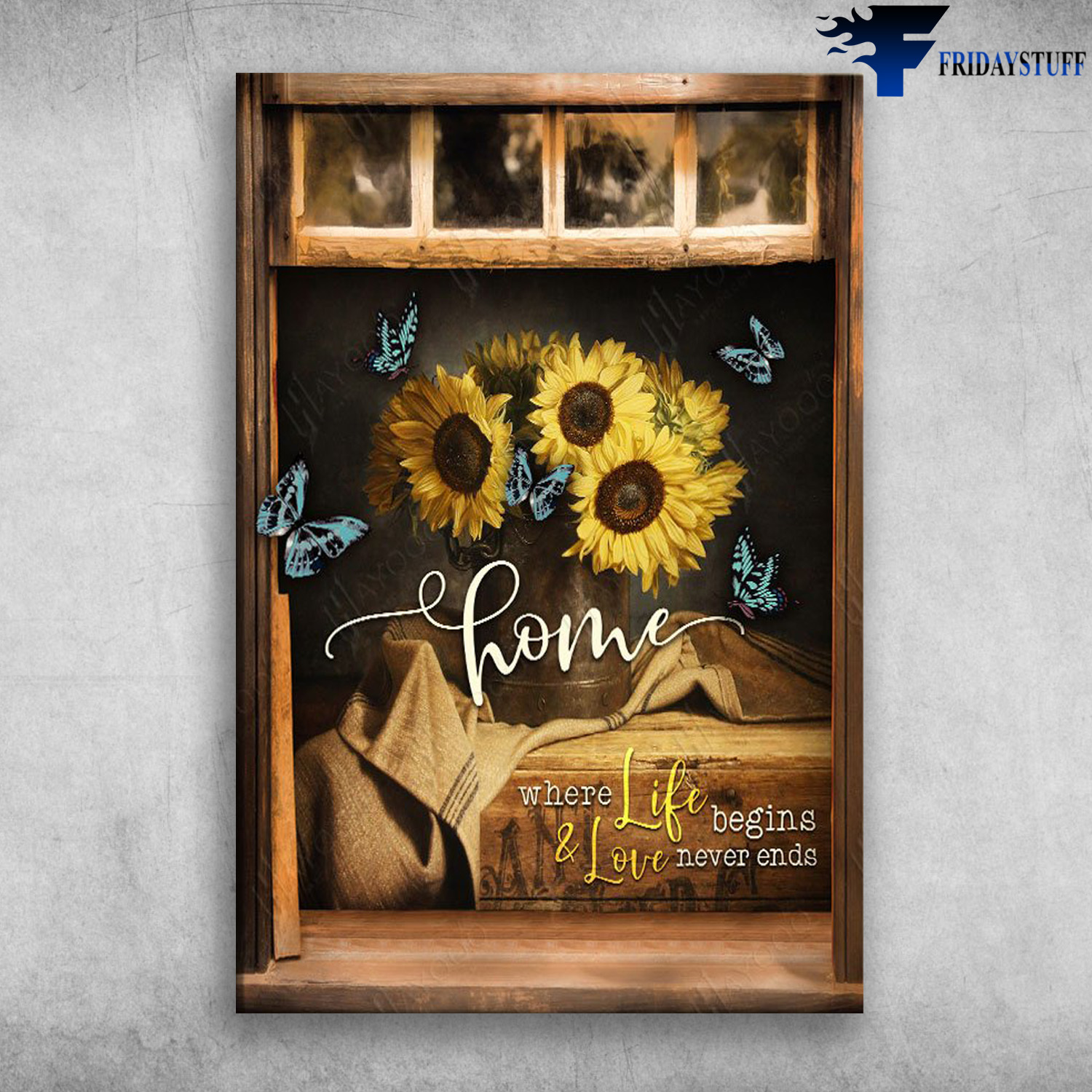 Vintage Sunflower Through Rustic Wooden Window Frame Family, Where Life Begins And Love Never Ends