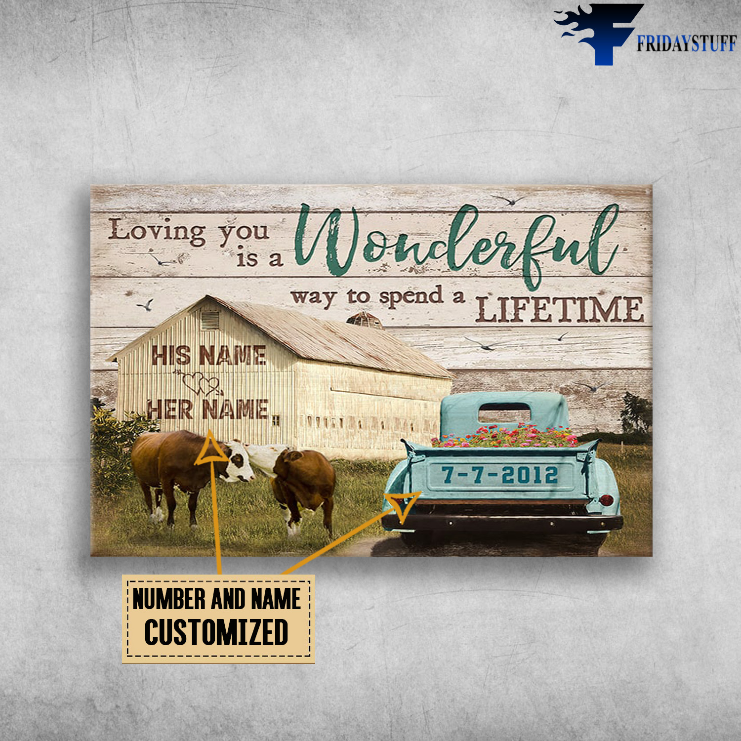 Barn and Truck, Couple Kissing Cows, Loving you is a wonderful way, to spend a lifetime, Gift for couple Farm, Farmer, Farmhouse Wall Art Decor
