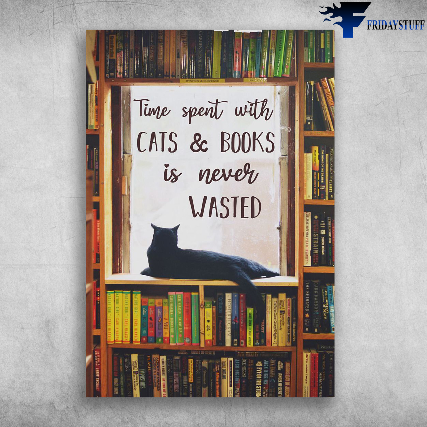 Black Cat Lie On Bookshelf - Time Spent With Cats And Books, Is Never Wasted