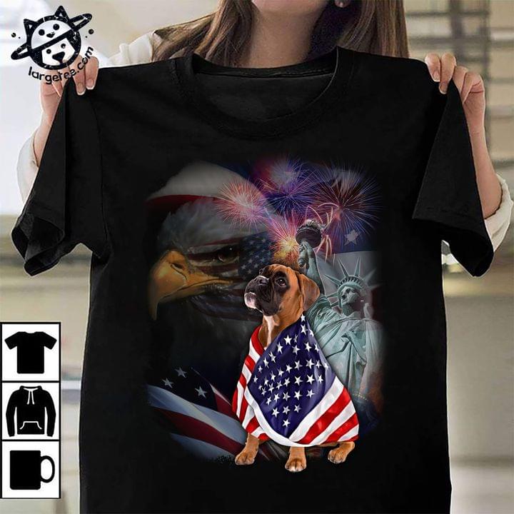 Boxer breed dog with America flag - Eagle and statue of Liberty