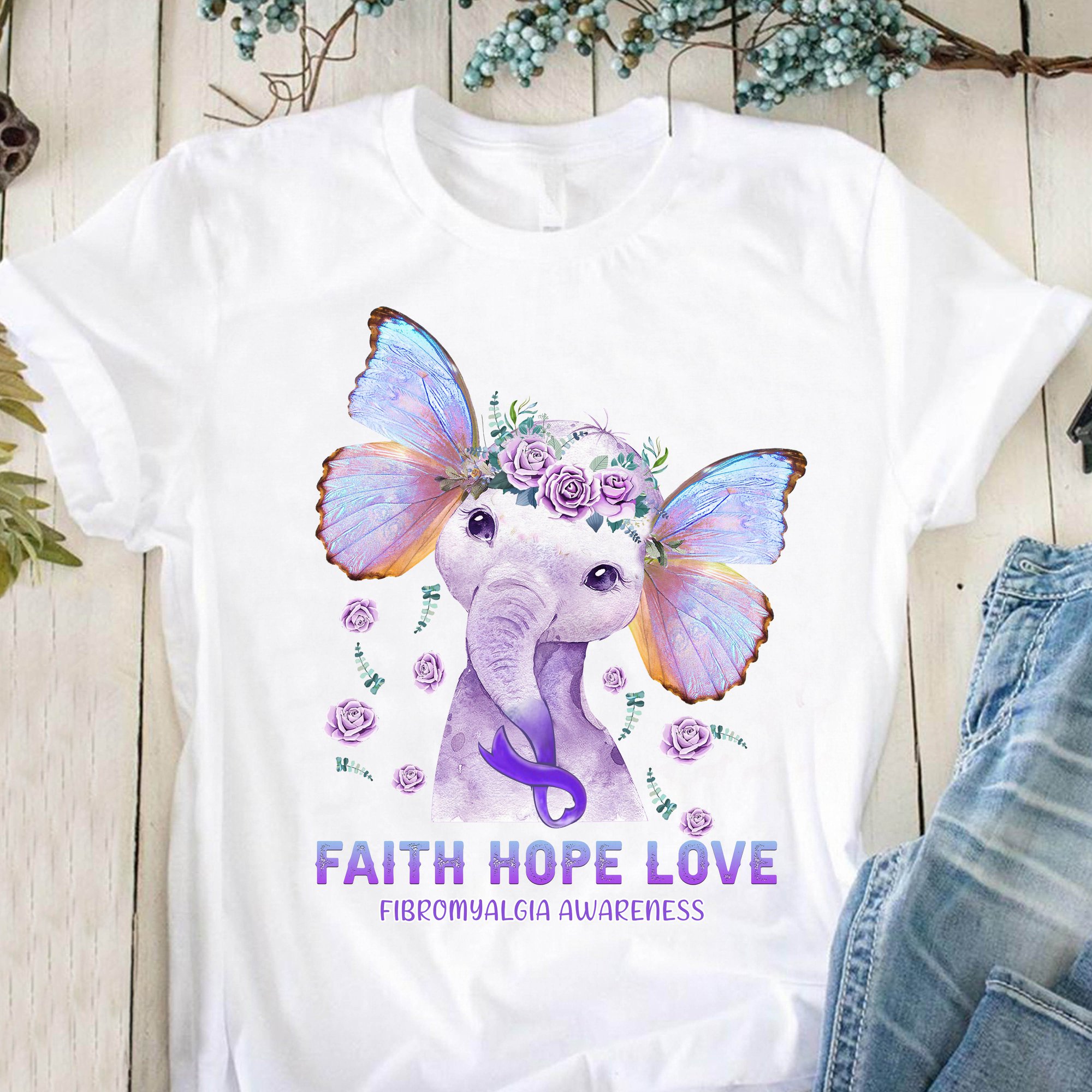 Faith hope love - Fibromyalgia awareness, elephant with butterfly ears