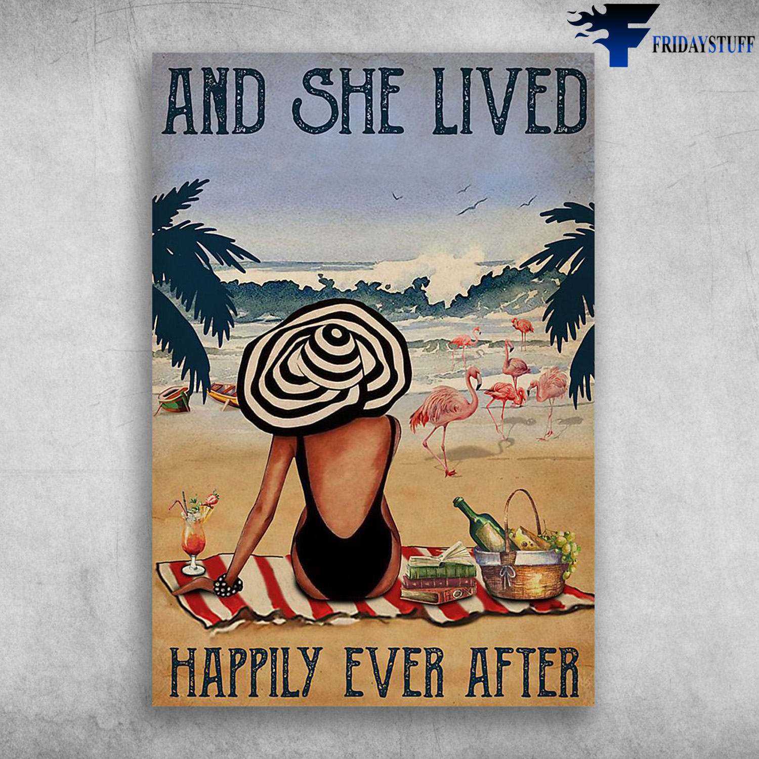 Girl On The Beach - And She Lived, Happily Ever After, Flamingo, Book, Wine,