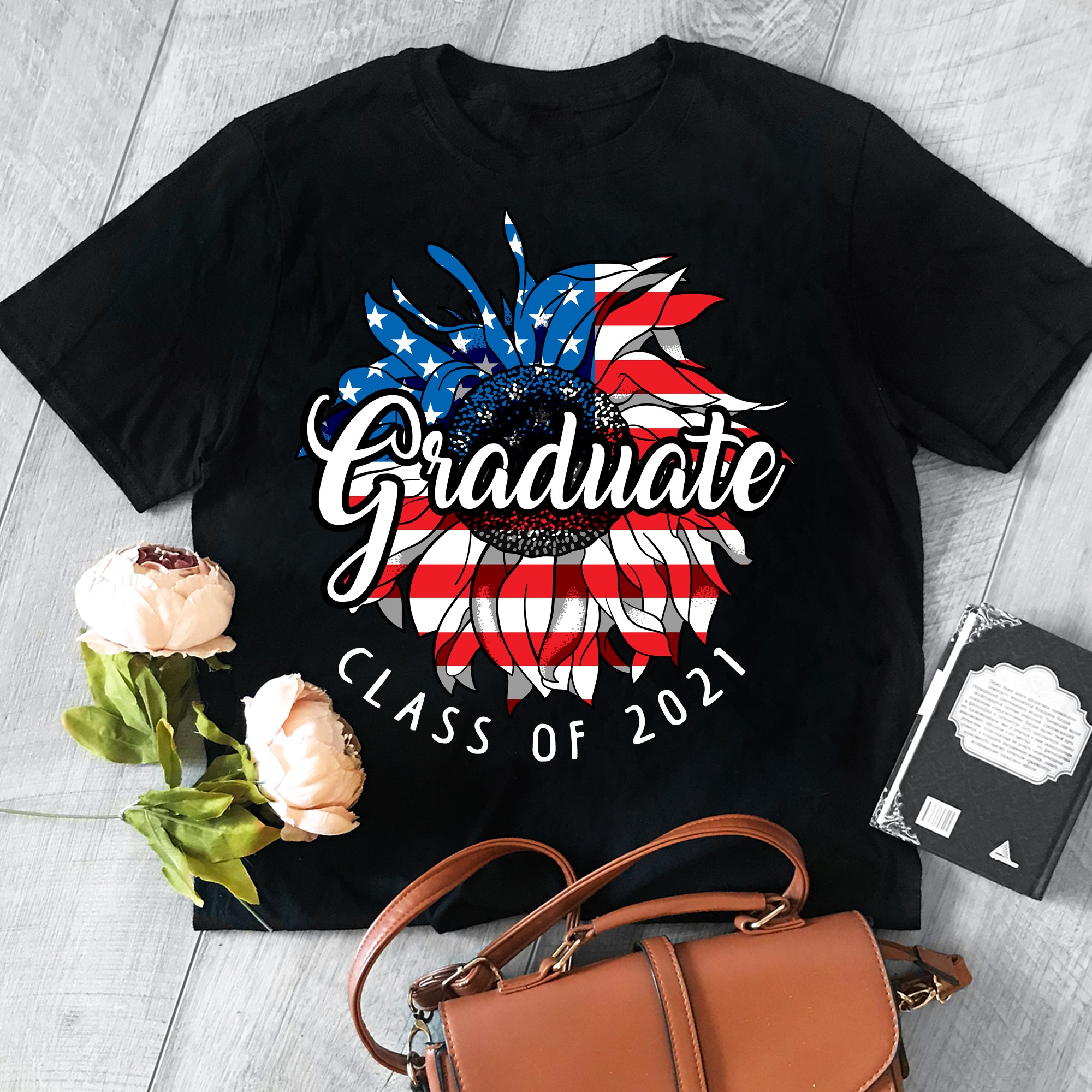 Graduate class of 2021 - America flag and sunflower