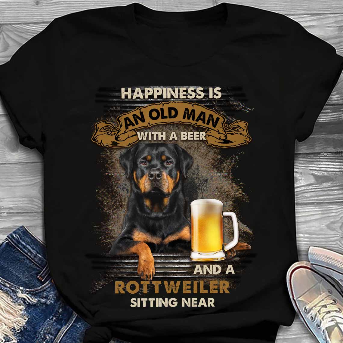Happiness is an old man with a beer and a Rottweiler sitting near - Beer lover