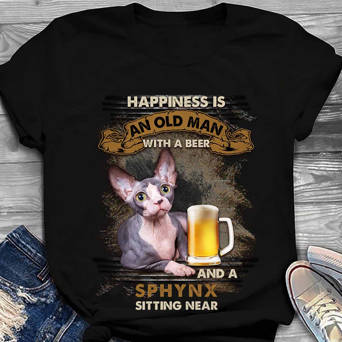 Happiness is an old man with a beer and a Sphynx sitting near - Beer lover