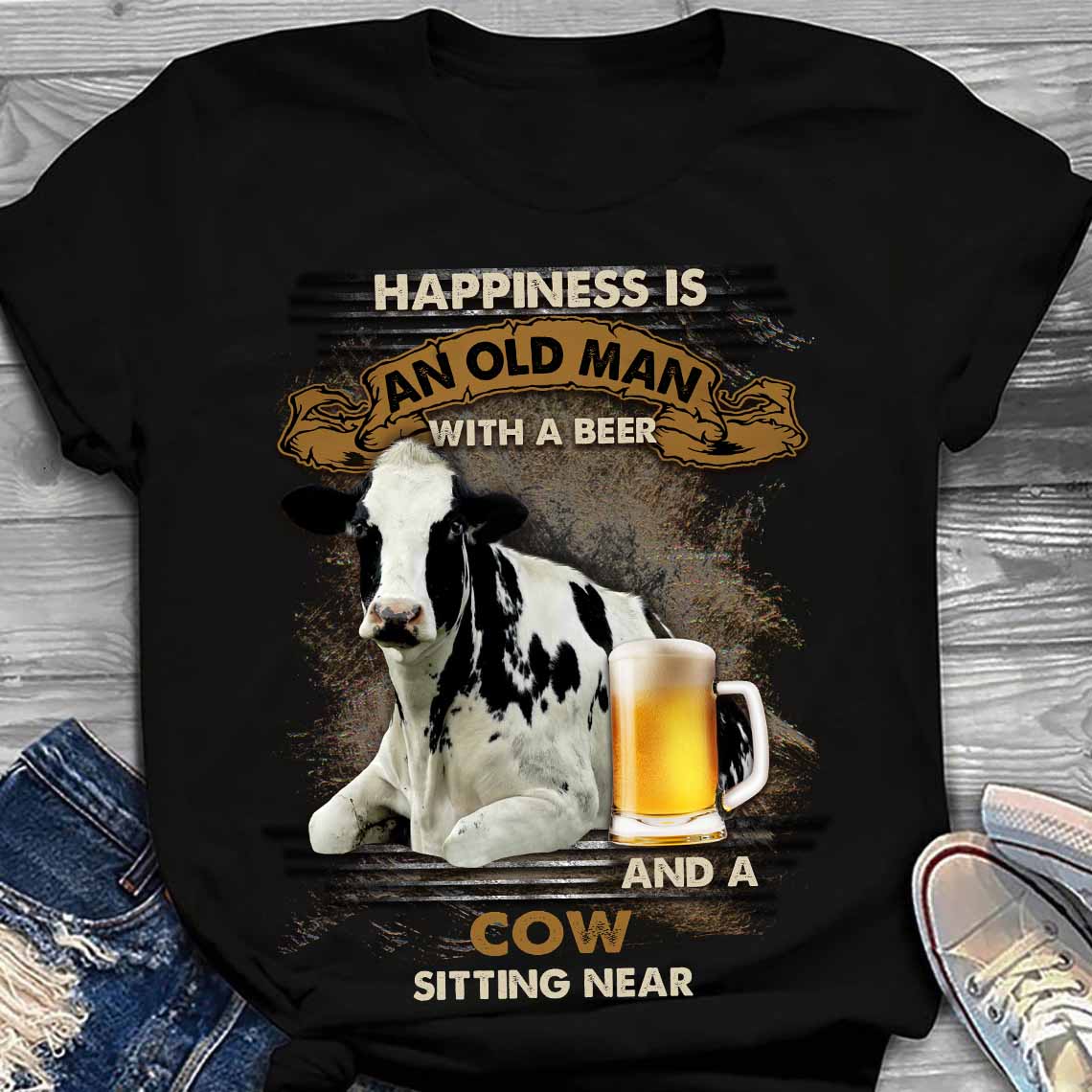 Happiness is an old man with a beer and a cow sitting near - Beer lover, cow and beer