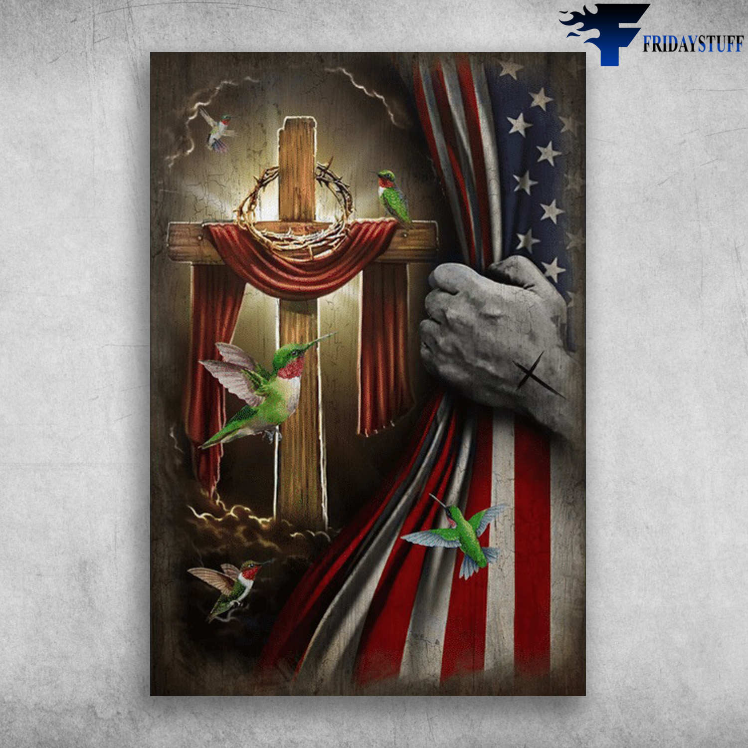 Humming Bird, The Cross, American Flag, Jesus